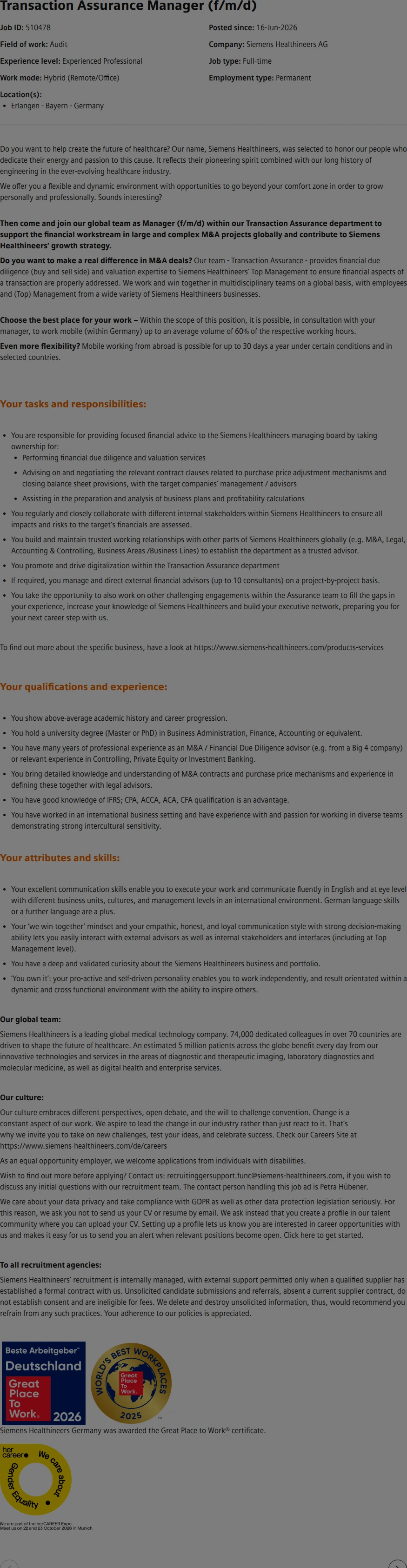 SiemensHealthineers Transaction Assurance Manager (f/m/d) 채용공고