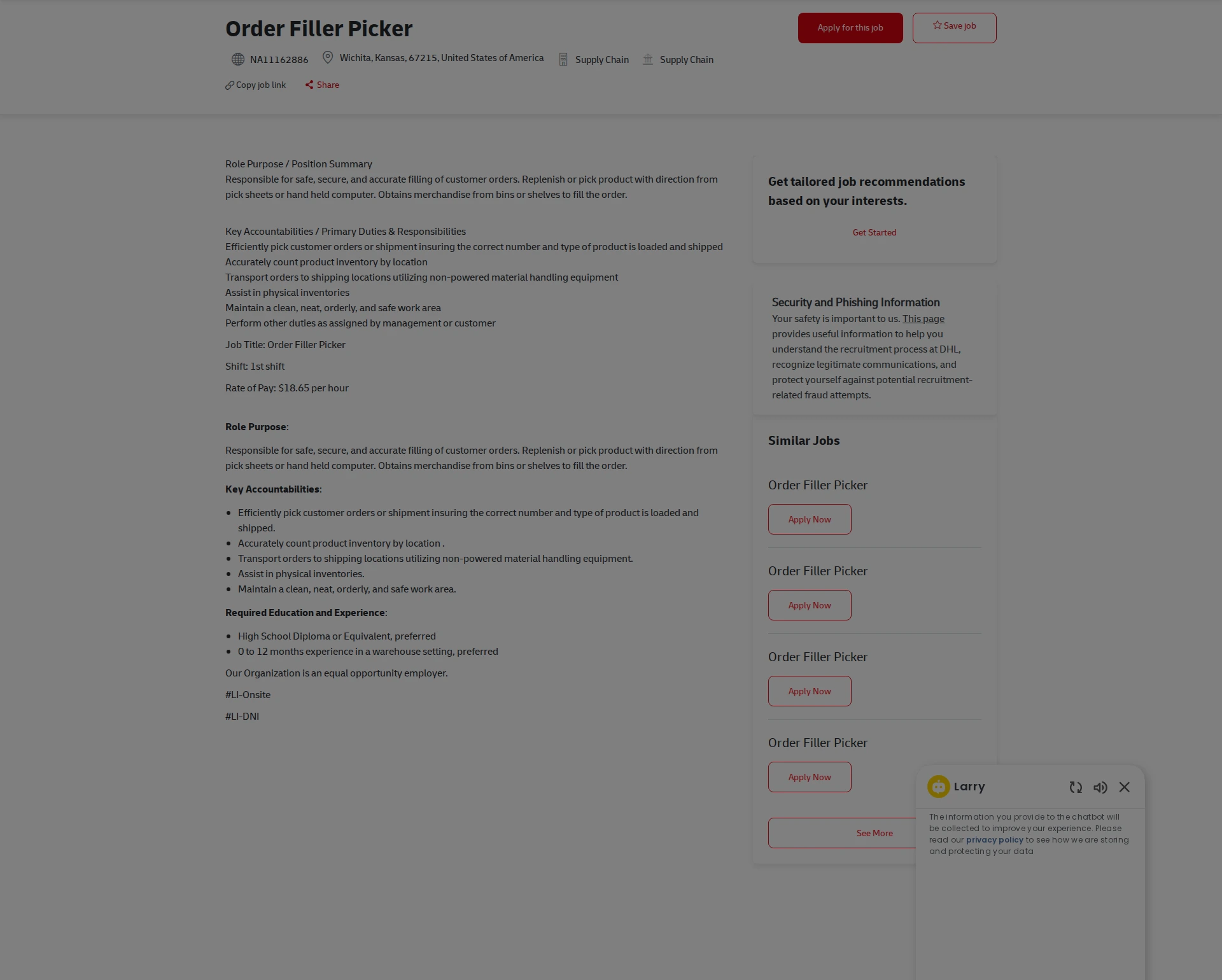 DHL Order Filler Picker 채용공고