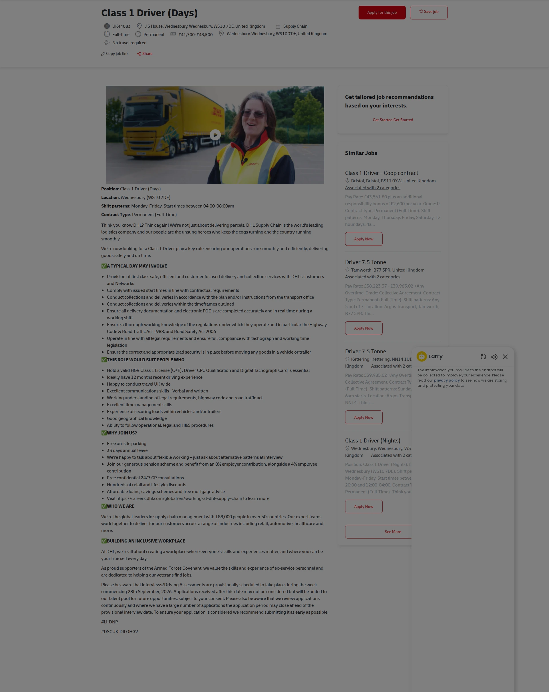 DHL Class 1 Driver (Days) 채용공고