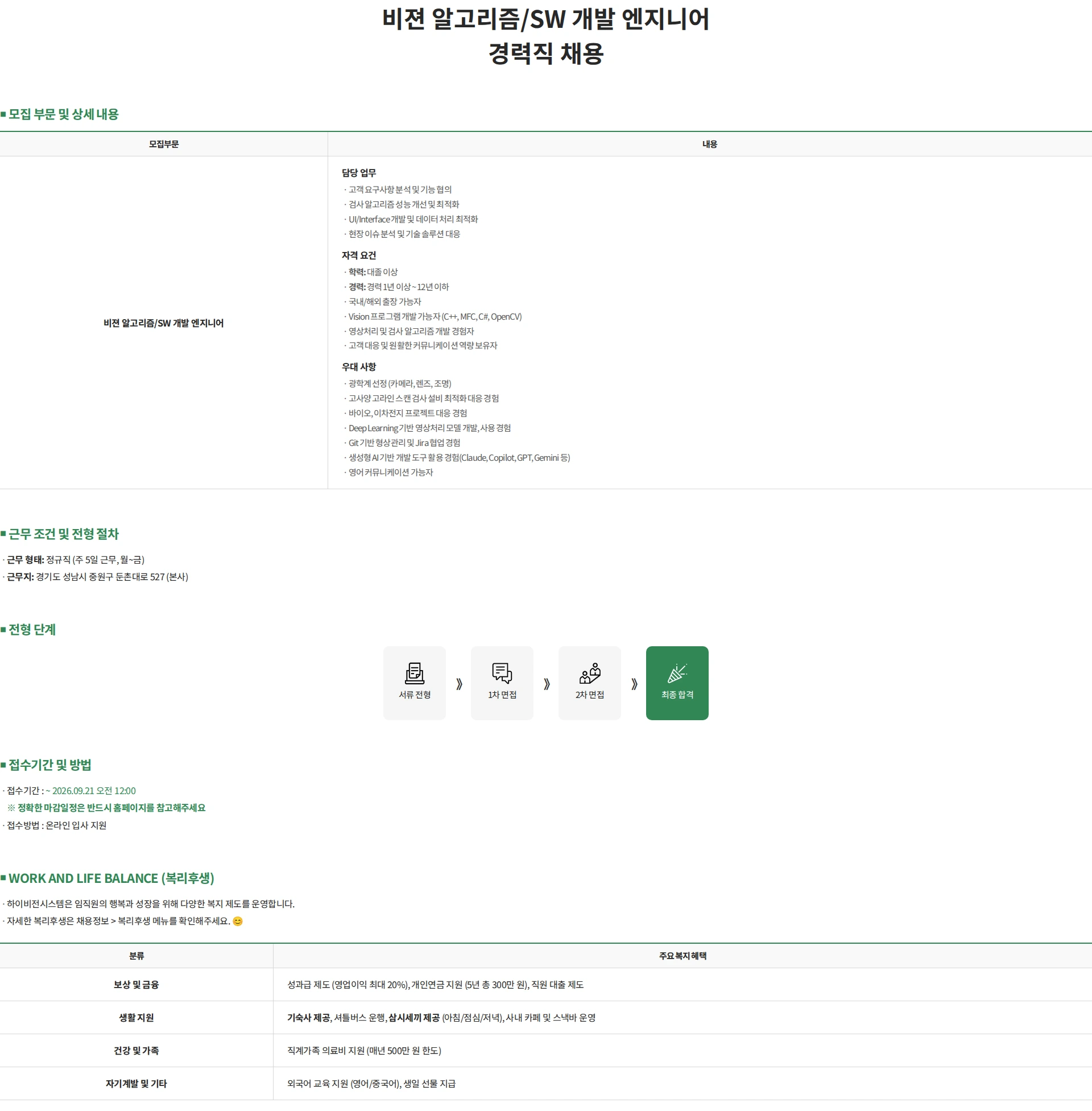 하이비젼시스템 비젼 알고리즘/SW 개발 엔지니어 경력직 채용 채용공고