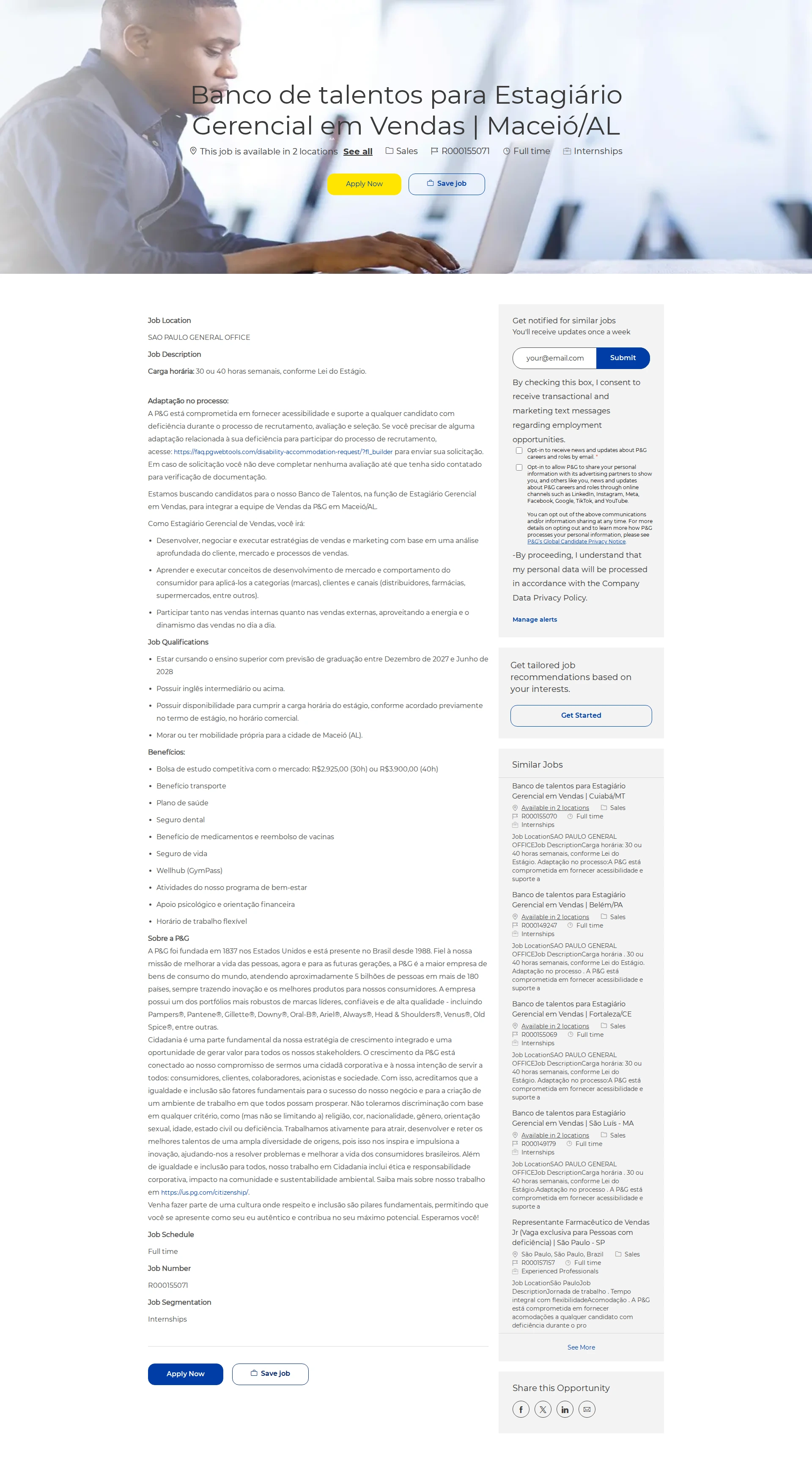 P&G Banco de talentos para Estagiário Gerencial em Vendas | Maceió/AL 채용공고