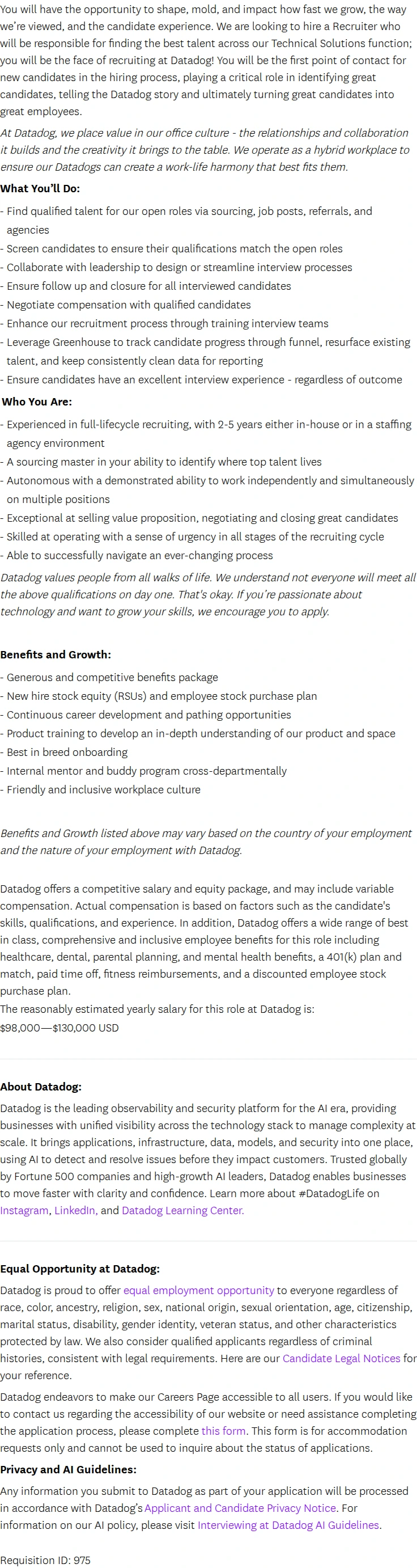 데이터독 Recruiter II, Technical Solutions 채용공고