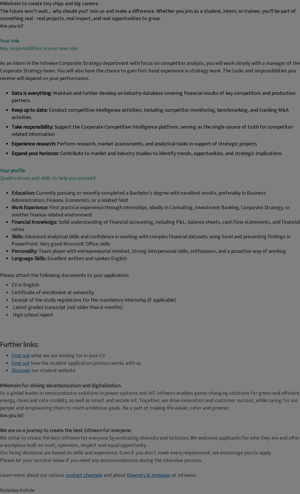인피니언테크놀로지스코리아 Internship – Corporate Strategy (Competitor & Financial Analysis) (f/m/div) 채용공고