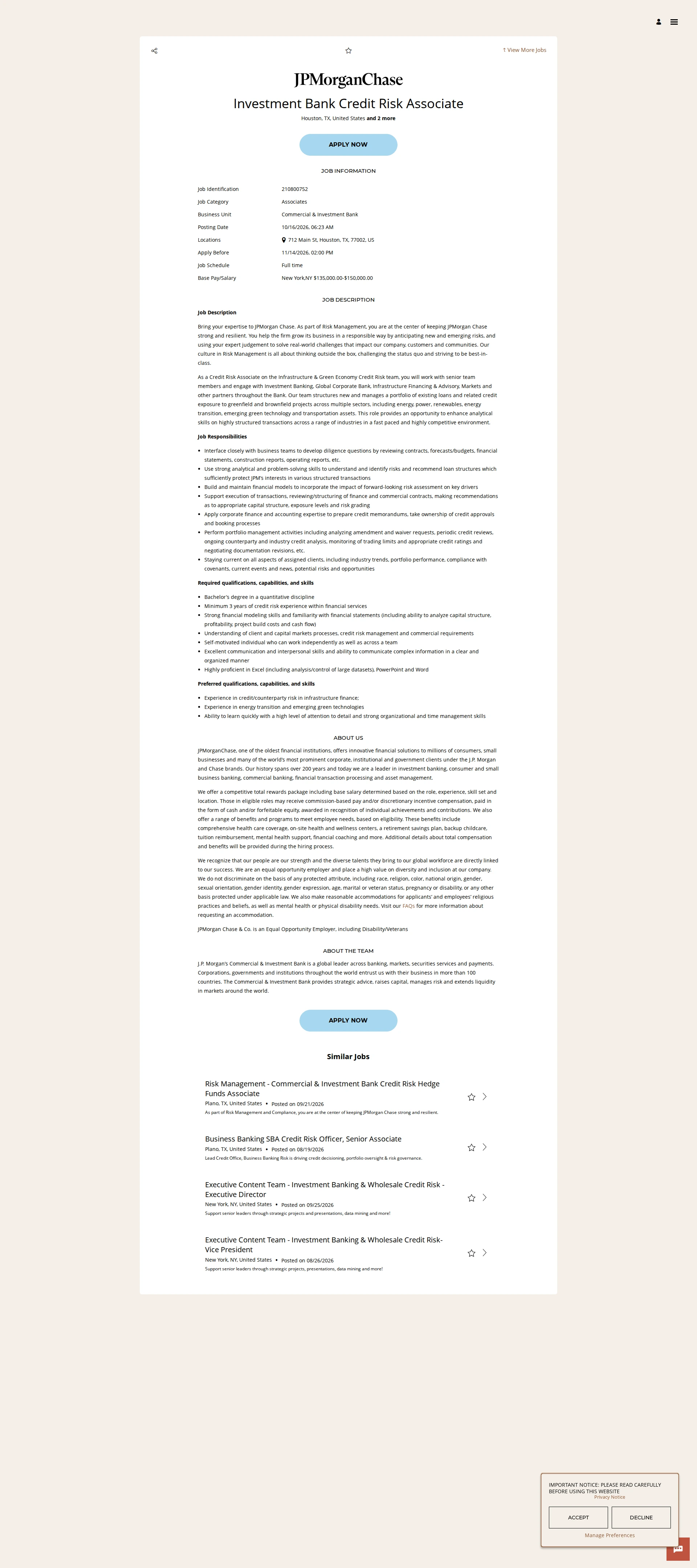 JPMorganChase Investment Bank Credit Risk Associate 채용공고