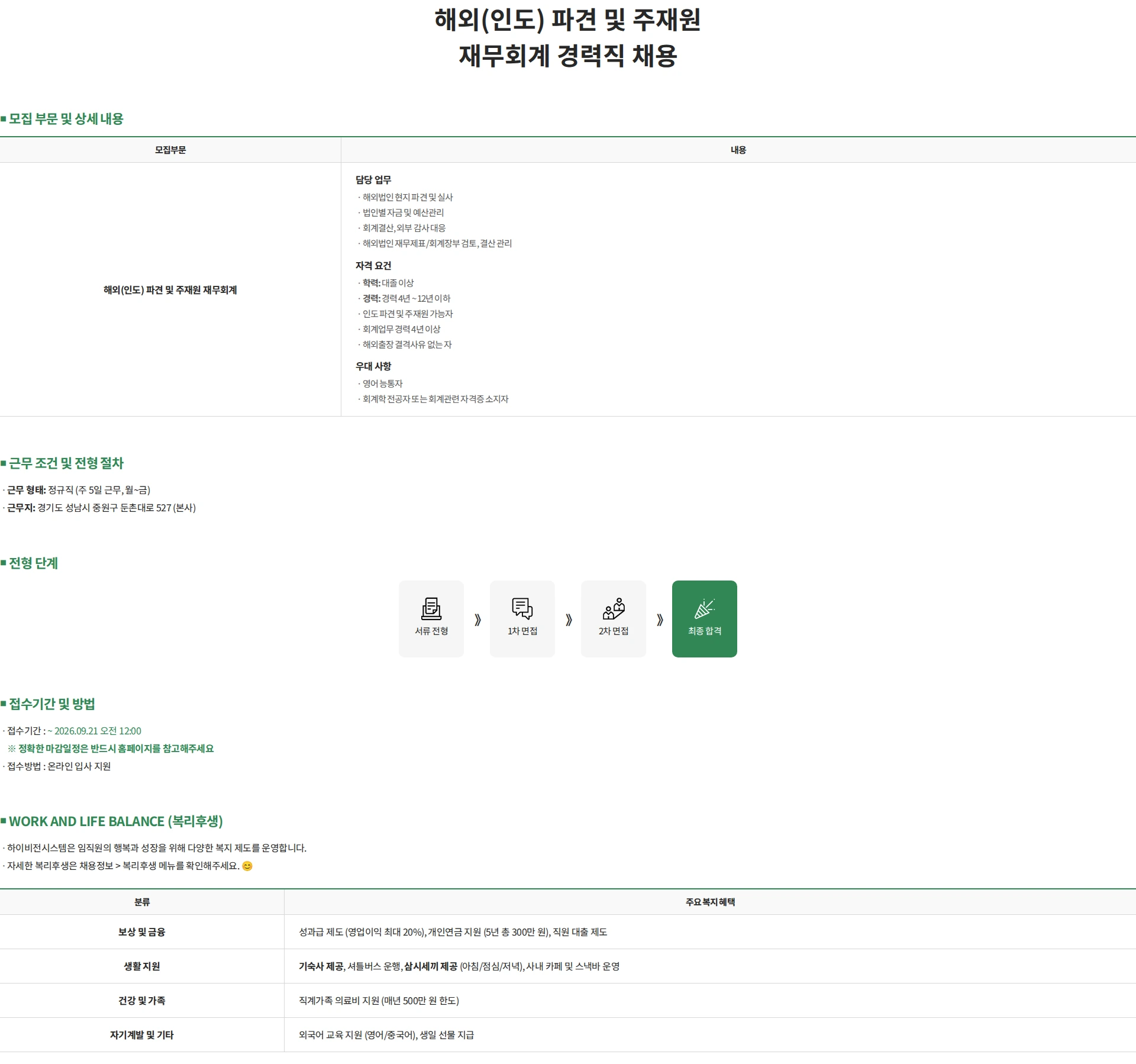 하이비젼시스템 해외(인도) 파견 및 주재원 재무회계 경력직 채용 채용공고