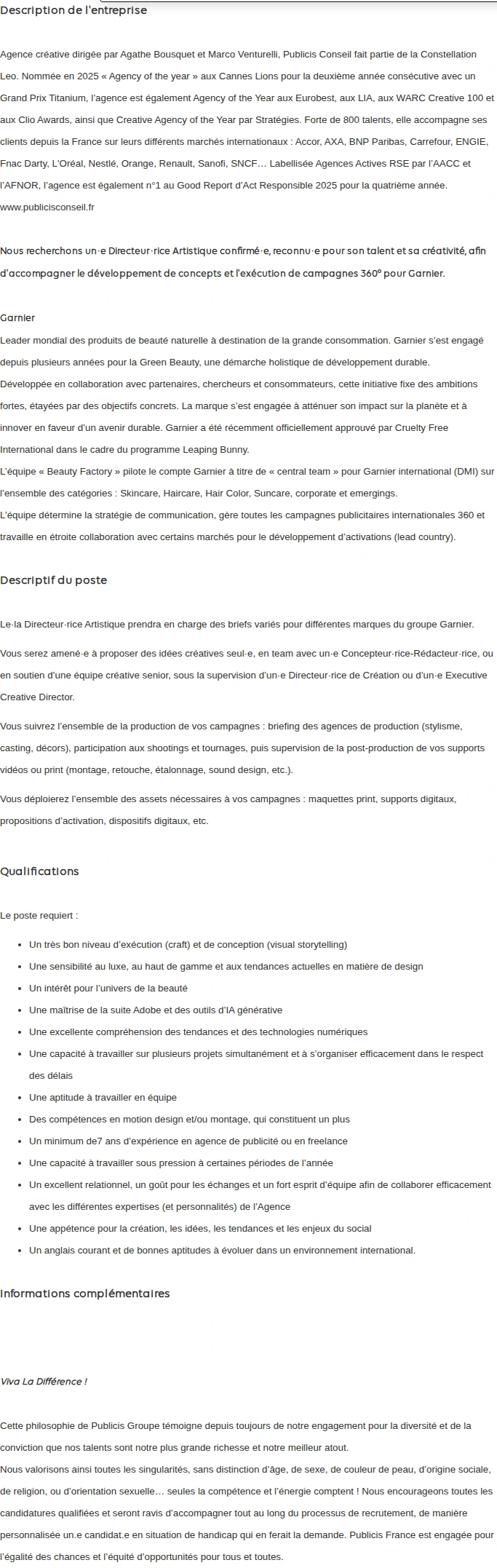 Publicis Groupe Directeur Artistique senior H/F - CDI 채용공고