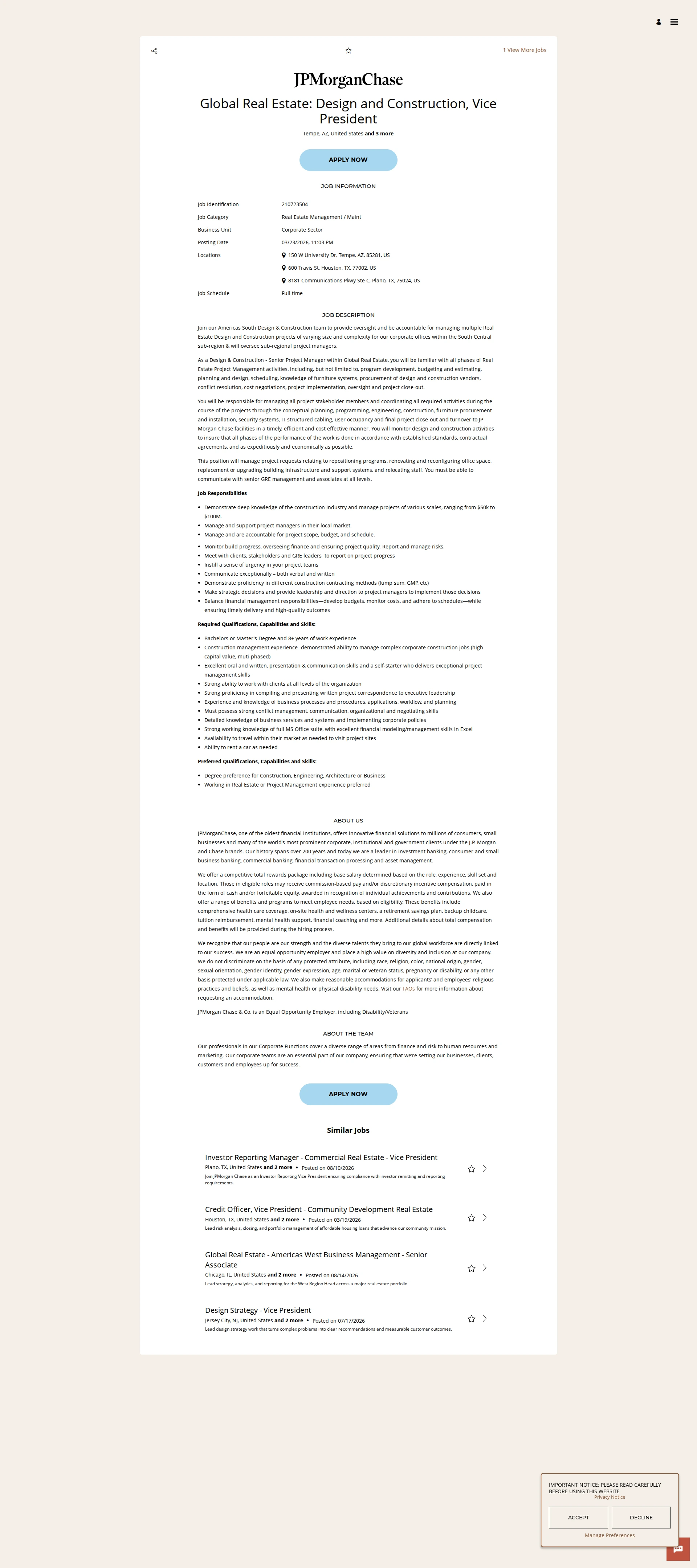 JPMorganChase Global Real Estate: Design and Construction, Vice President 채용공고