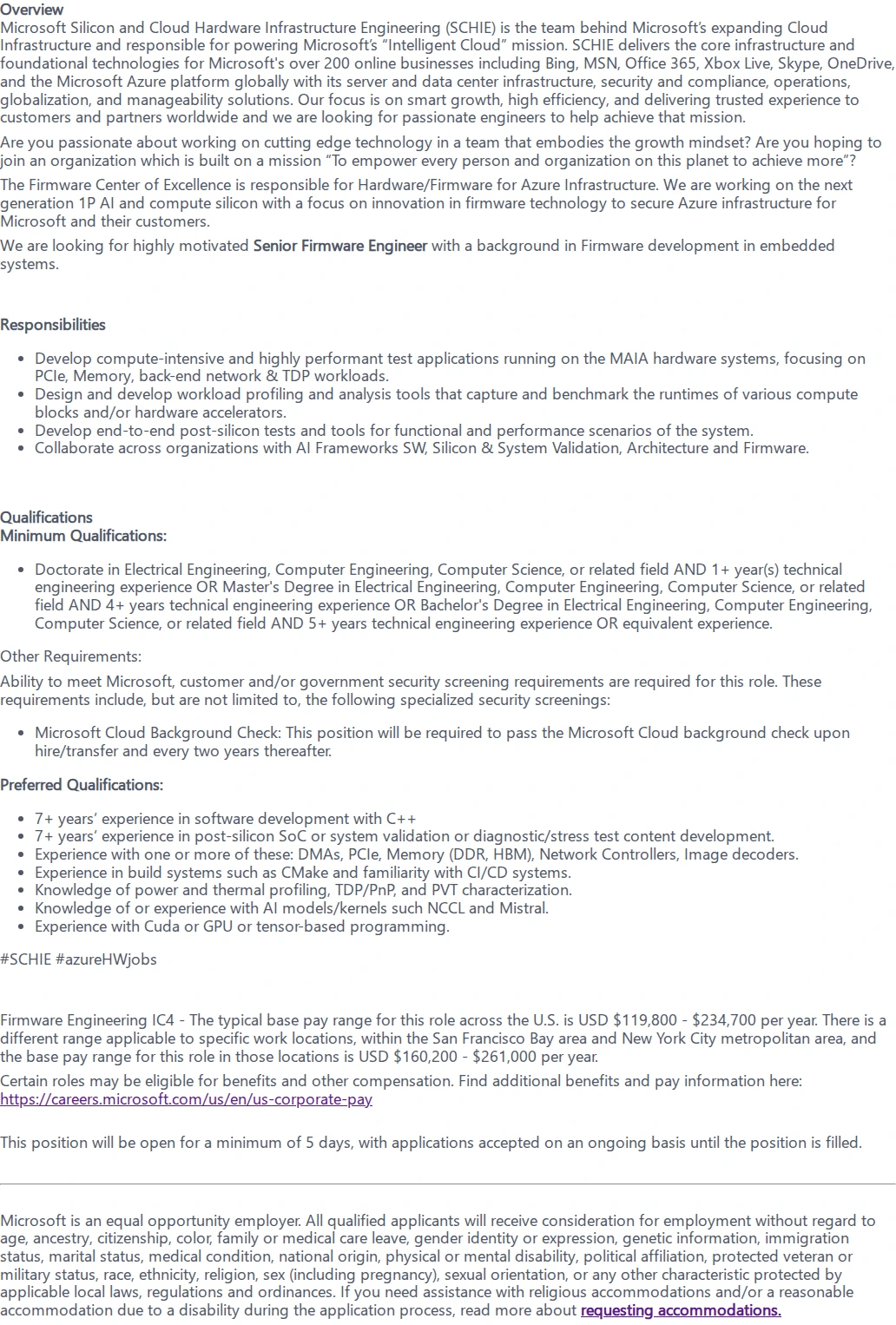 마이크로소프트(Microsoft) Senior Firmware Development Engineer 채용공고