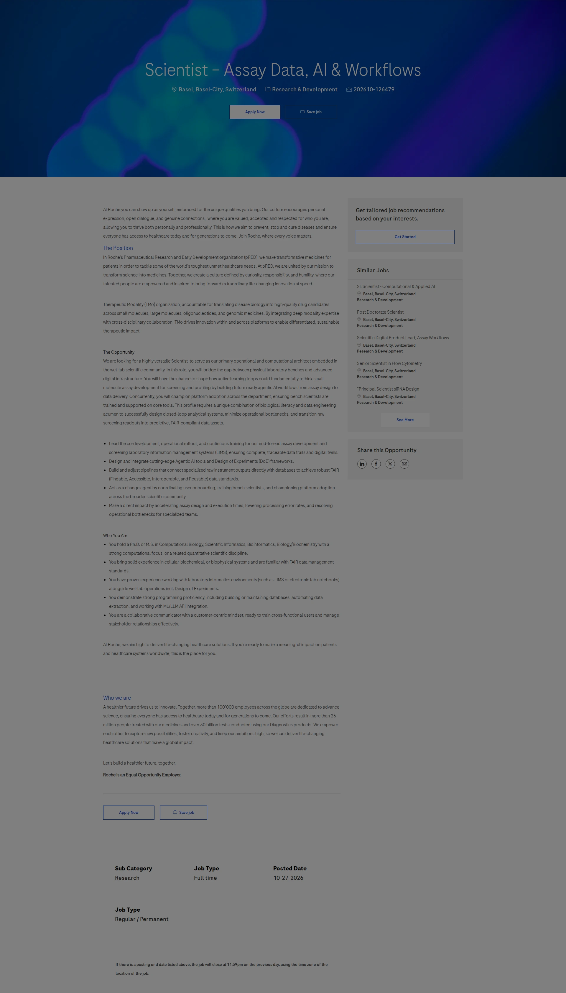 로슈 Scientist – Assay Data, AI & Workflows 채용공고
