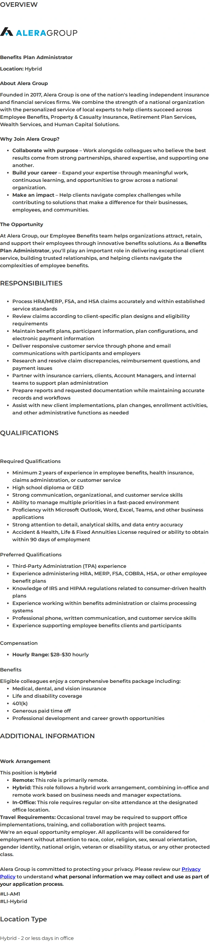 Alera Group TPA Benefits Plan Administrator 채용공고