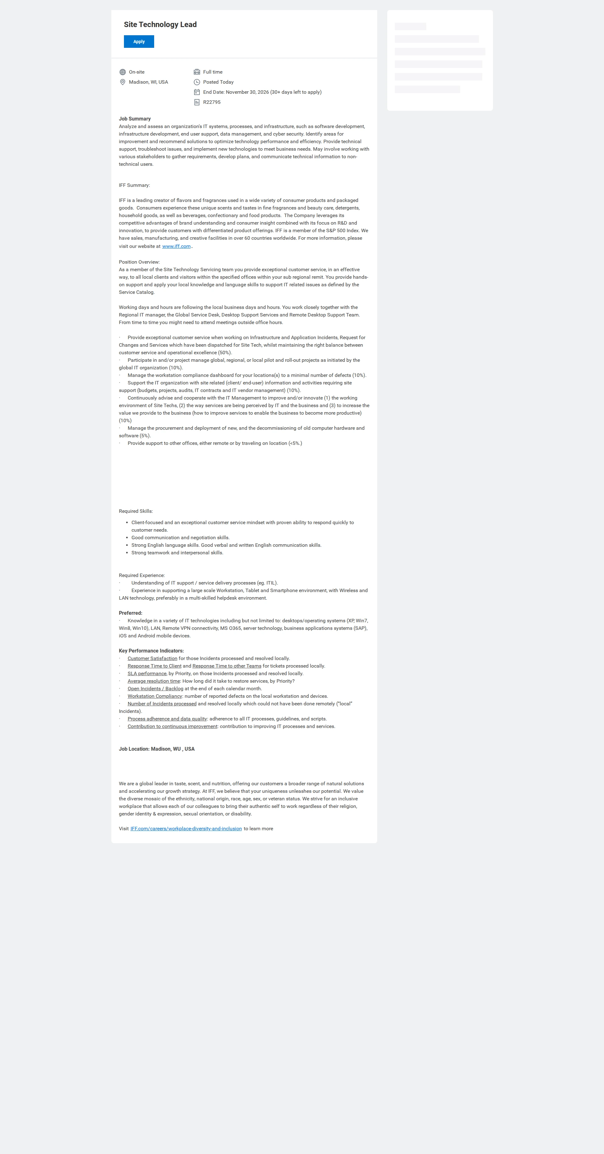 IFF Site Technology Lead 채용공고