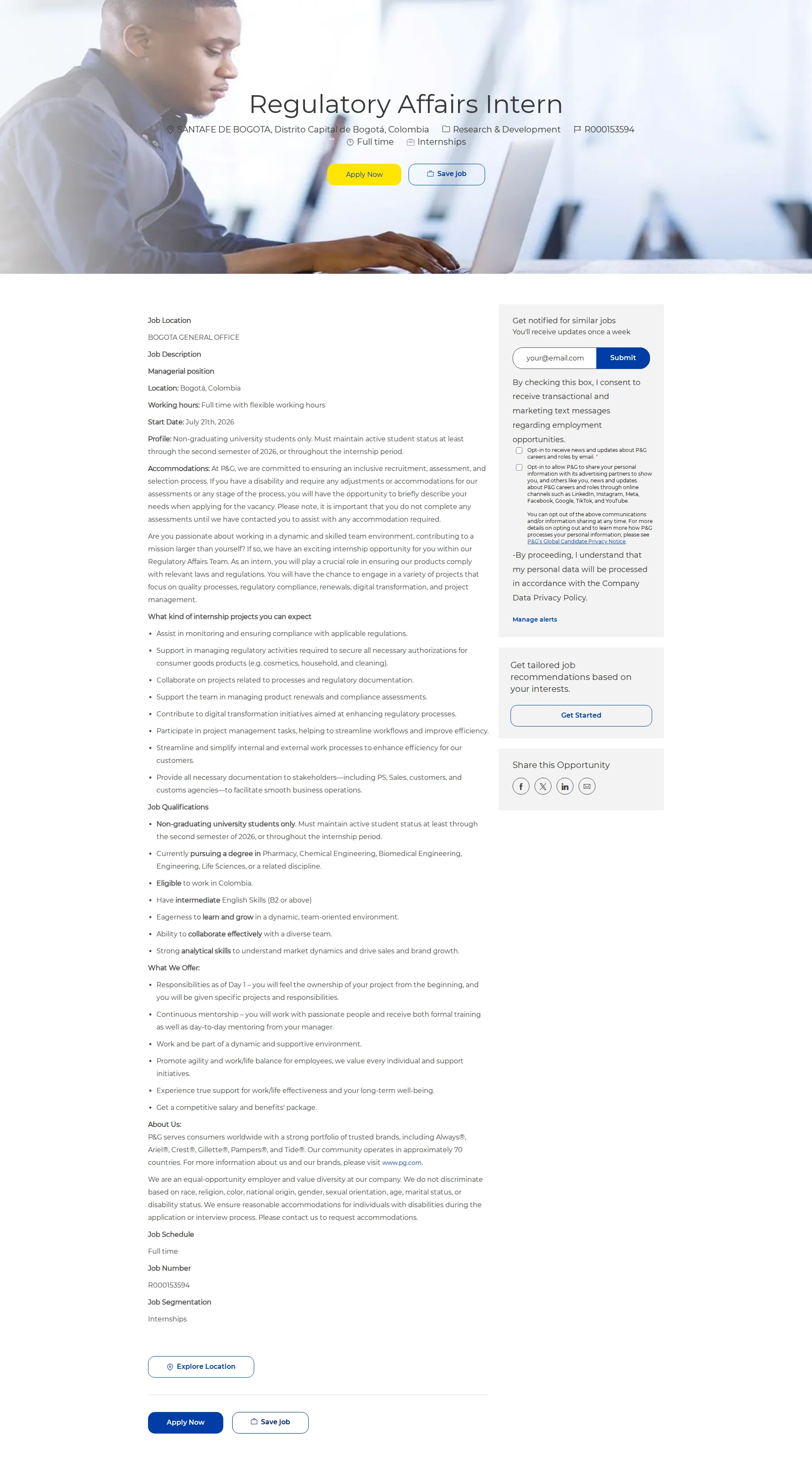 P&G Regulatory Affairs Intern 채용공고
