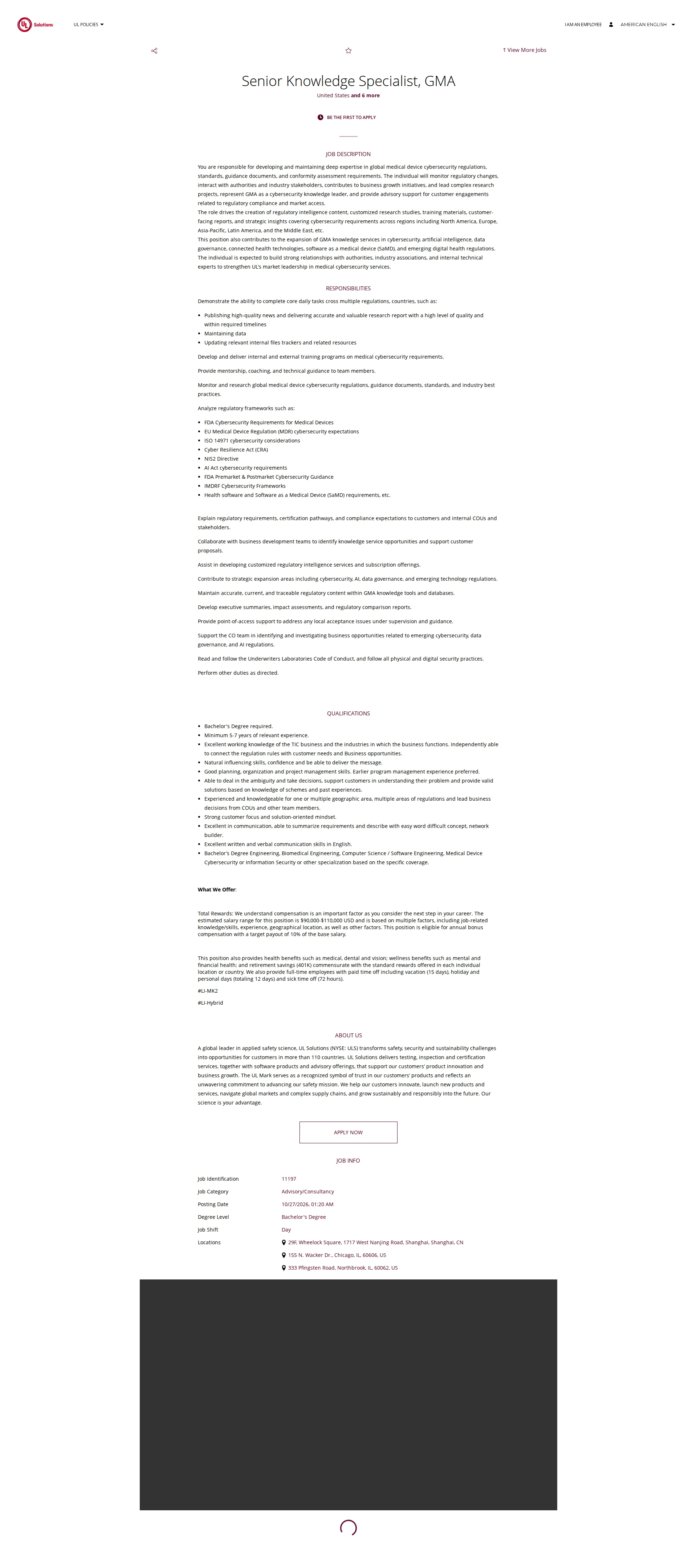 UL Solutions Senior Knowledge Specialist, GMA 채용공고