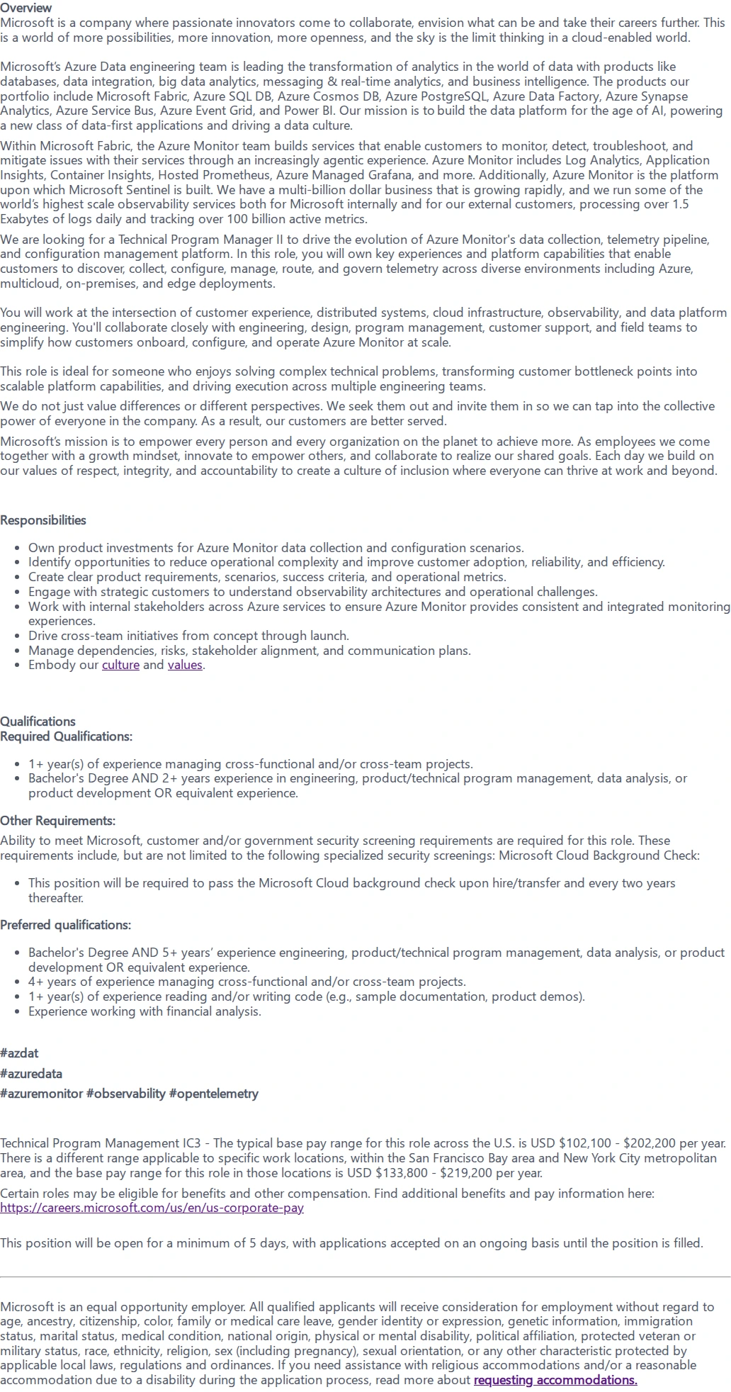 마이크로소프트(Microsoft) Technical Program Manager II 채용공고