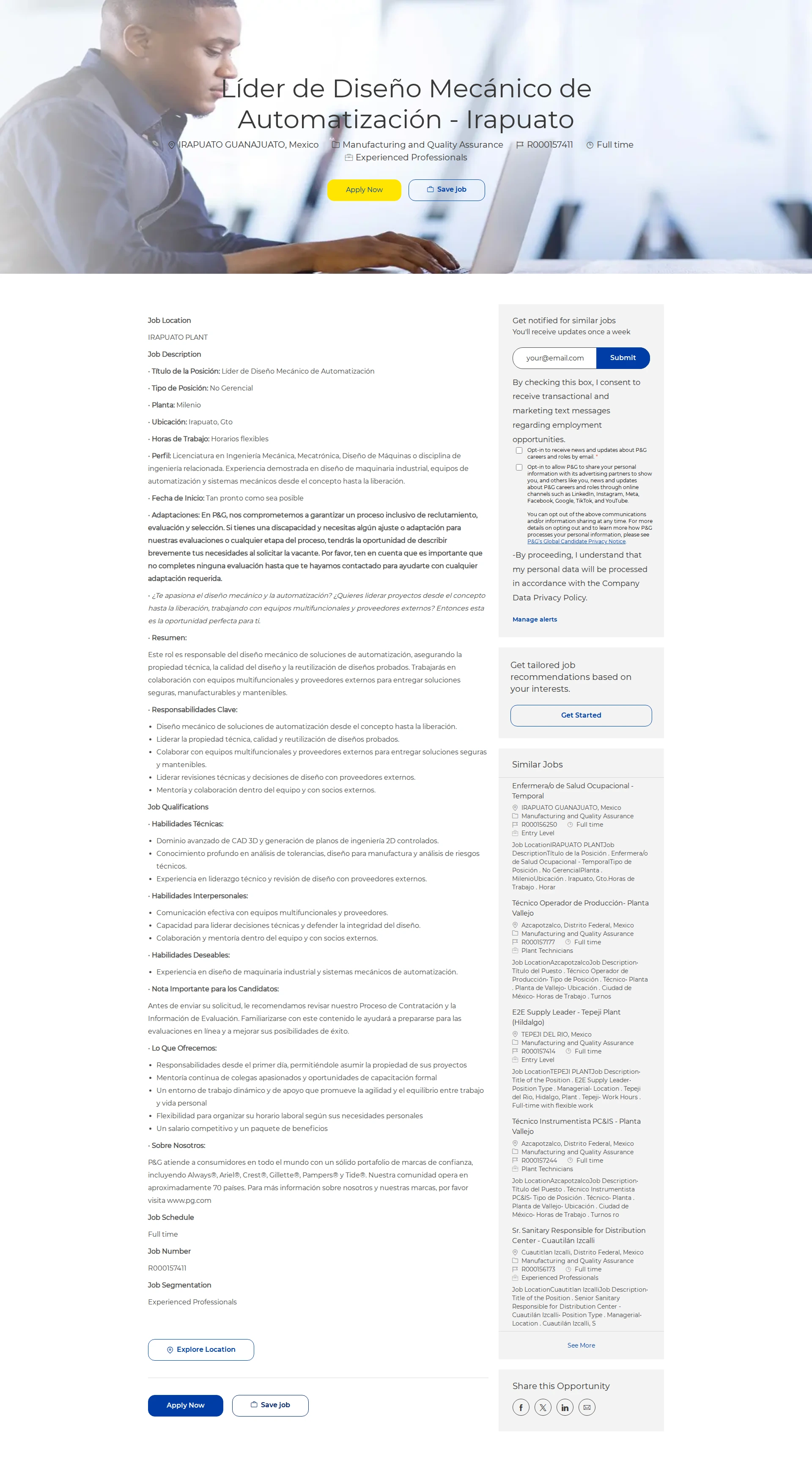 P&G Líder de Diseño Mecánico de Automatización - Irapuato 채용공고