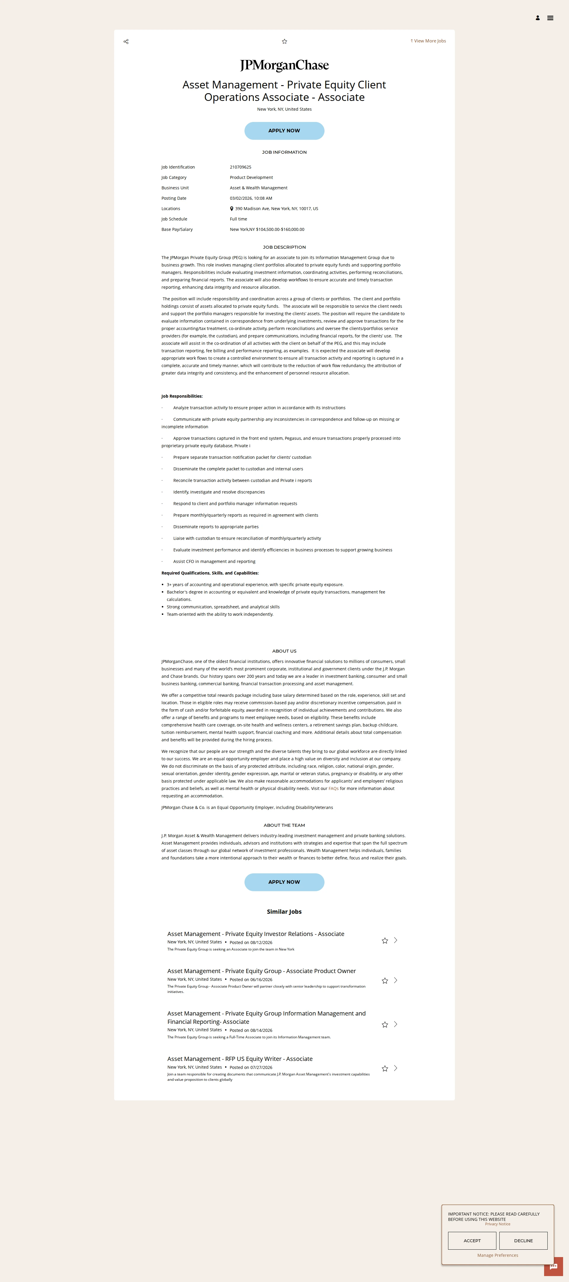 JPMorganChase Asset Management - Private Equity Client Operations Associate - Associate 채용공고