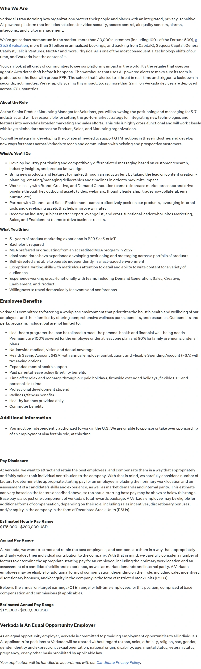 버카다 Senior Product Marketing Manager, Solutions 채용공고