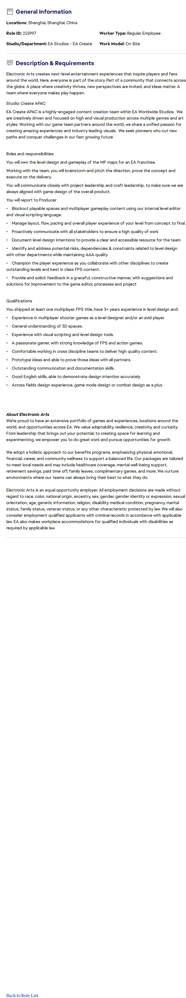 ElectronicArts Level Designer 채용공고