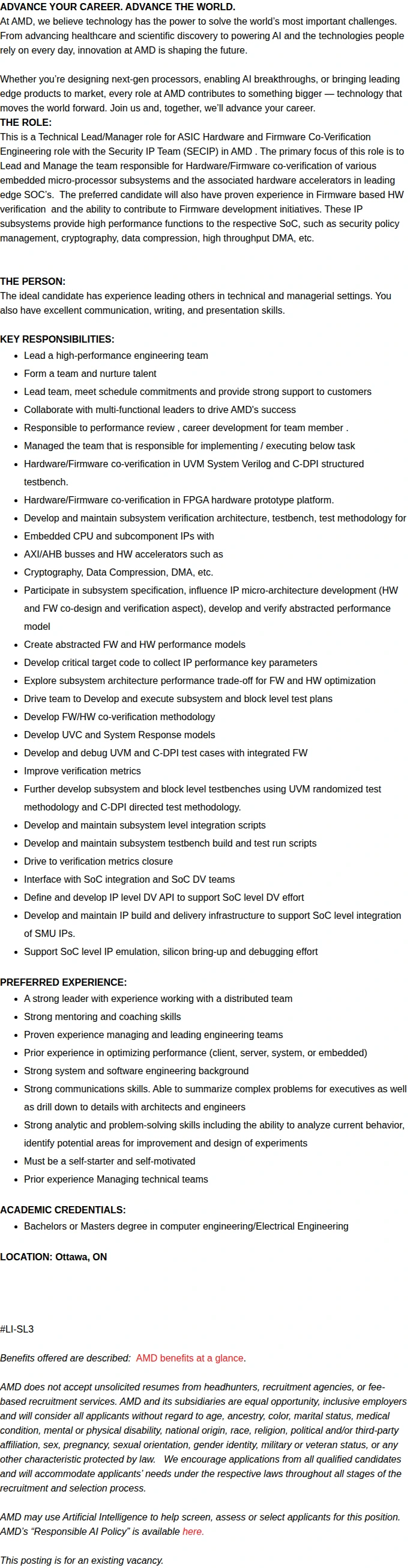 AMD Design Verification Technical Lead 채용공고