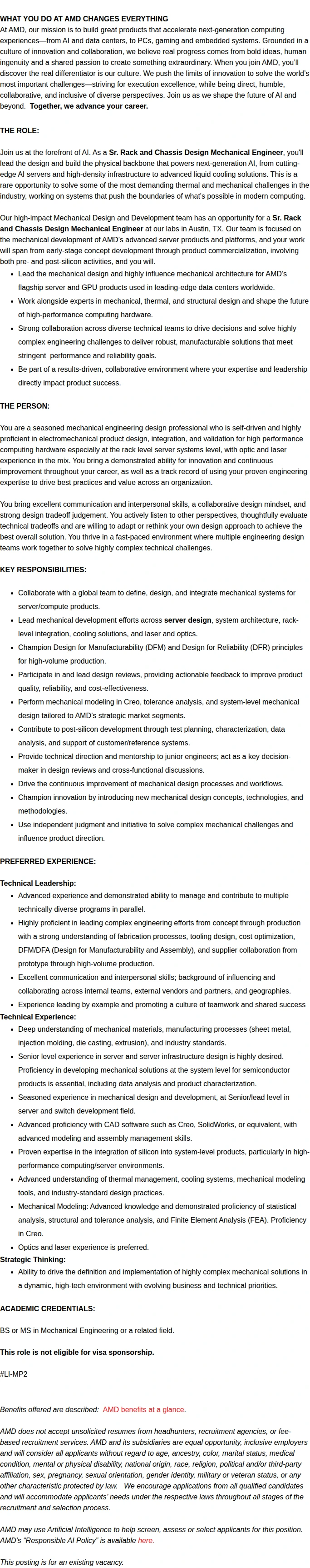 AMD Sr. Rack and Chassis Design Mechanical Engineer 채용공고