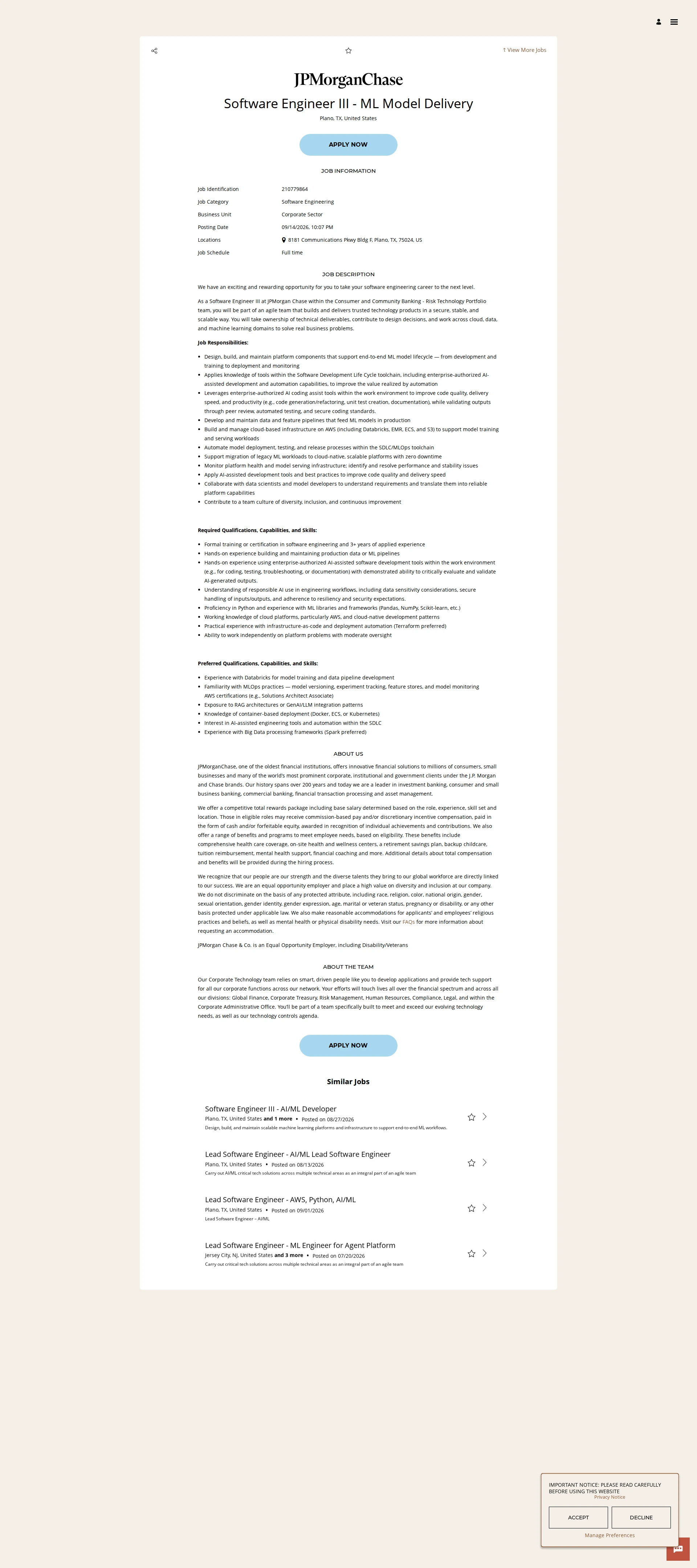 JPMorganChase Software Engineer III - ML Model Delivery 채용공고