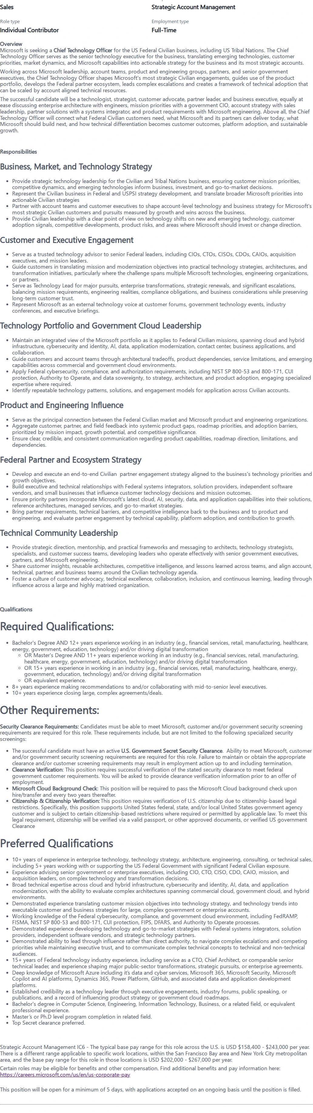 마이크로소프트(Microsoft) Chief Technology Officer (US Federal Civilian) - CTJ - Secret 채용공고