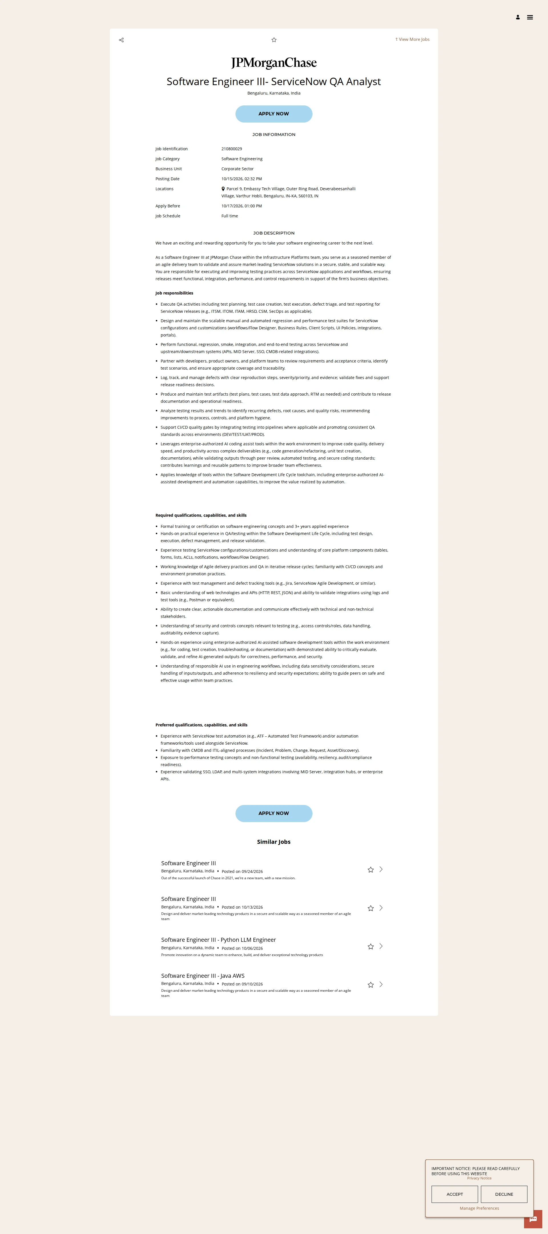 JPMorganChase Software Engineer III- ServiceNow QA Analyst 채용공고
