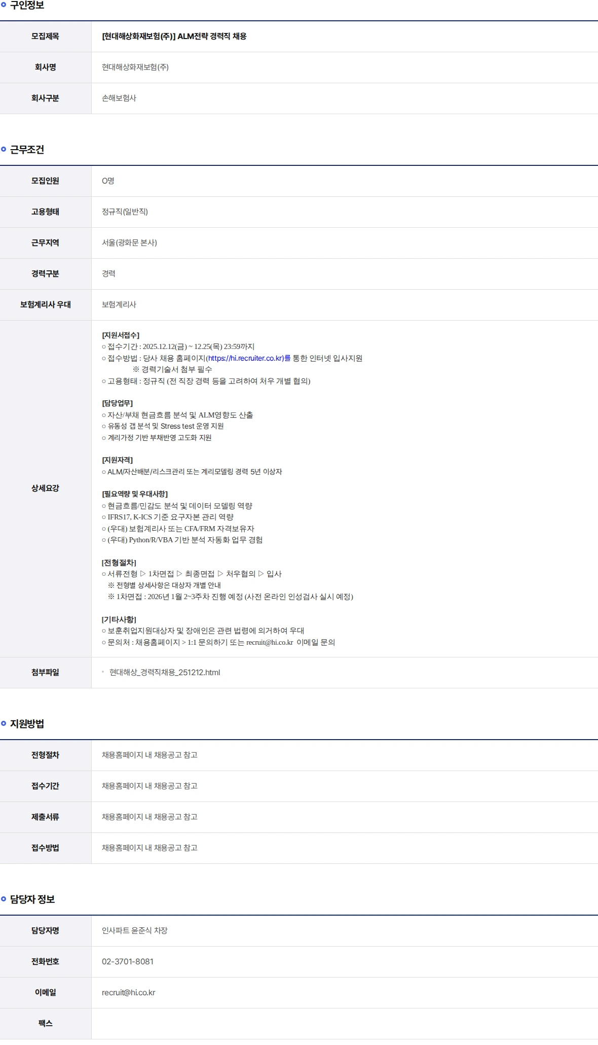 현대해상화재보험 ALM전략 경력직 채용 채용공고