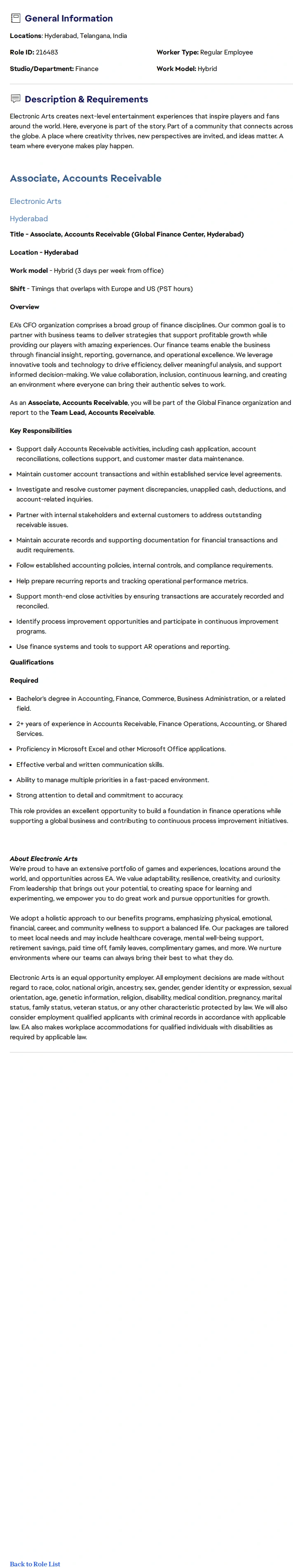 ElectronicArts Associate, Accounts Receivable 채용공고