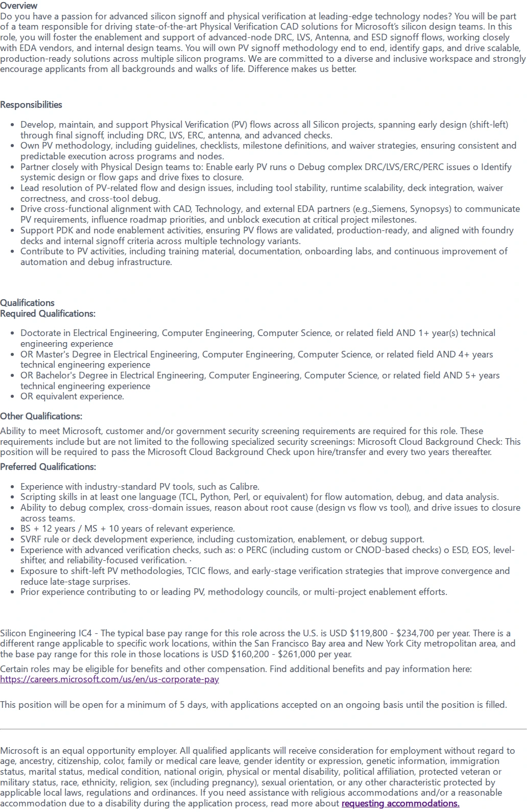 마이크로소프트(Microsoft) Senior Physical Verification CAD Engineer 채용공고