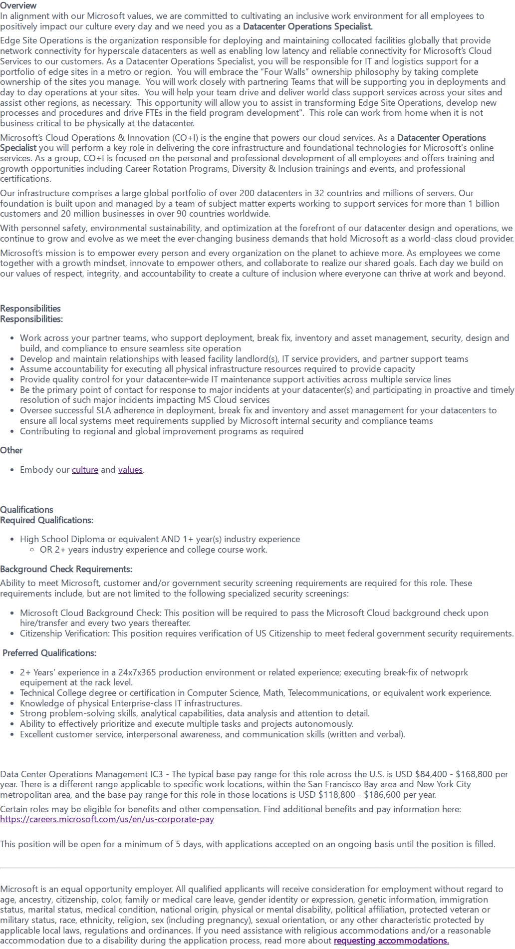 마이크로소프트(Microsoft) Data Center Operations Specialist 채용공고