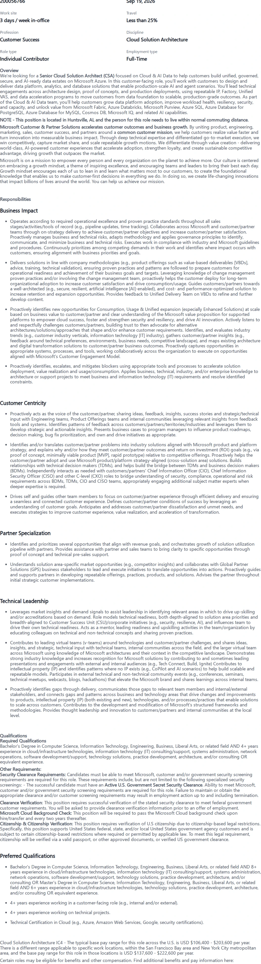 마이크로소프트(Microsoft) Sr Cloud Solution Architecture-CTJ-Secret 채용공고