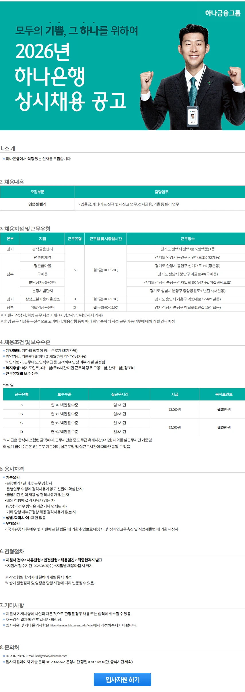 하나은행 영업점텔러 [경기/남부](1) 채용공고