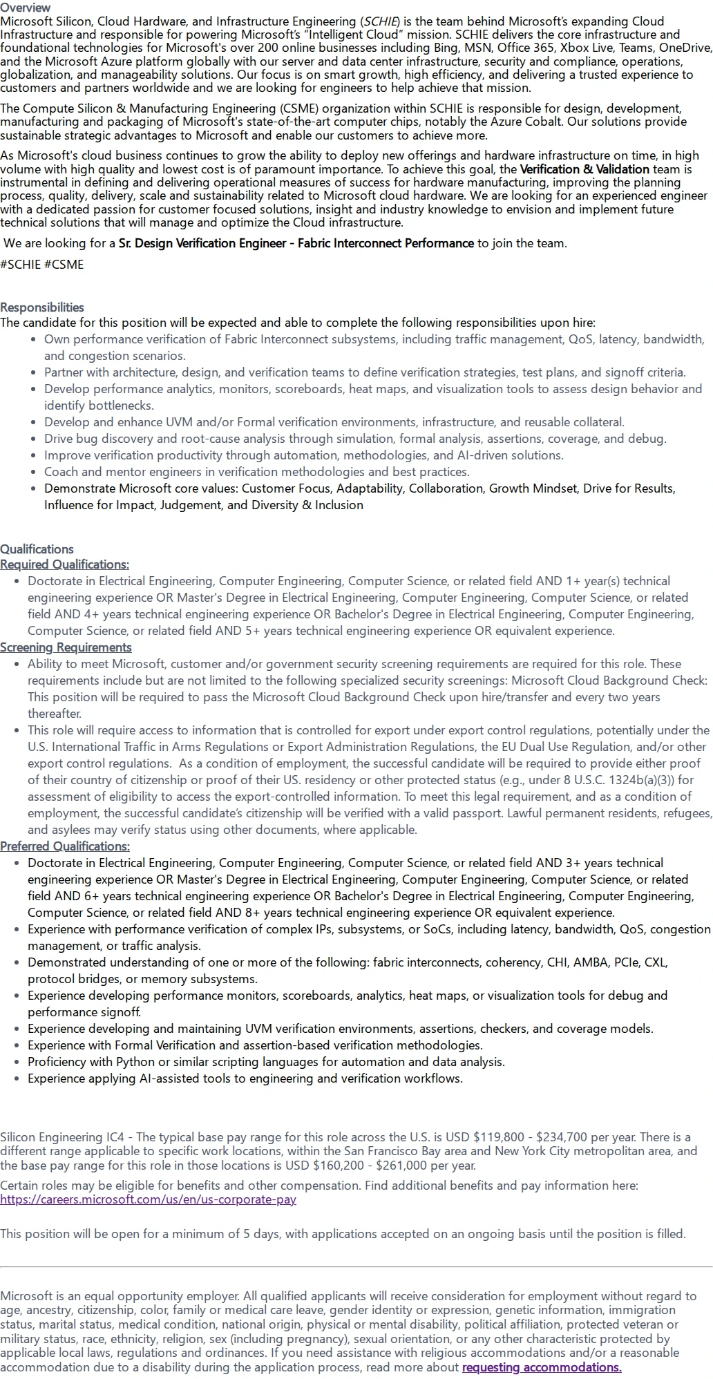 마이크로소프트(Microsoft) Sr. Design Verification Engineer - Fabric Interconnect Performance 채용공고