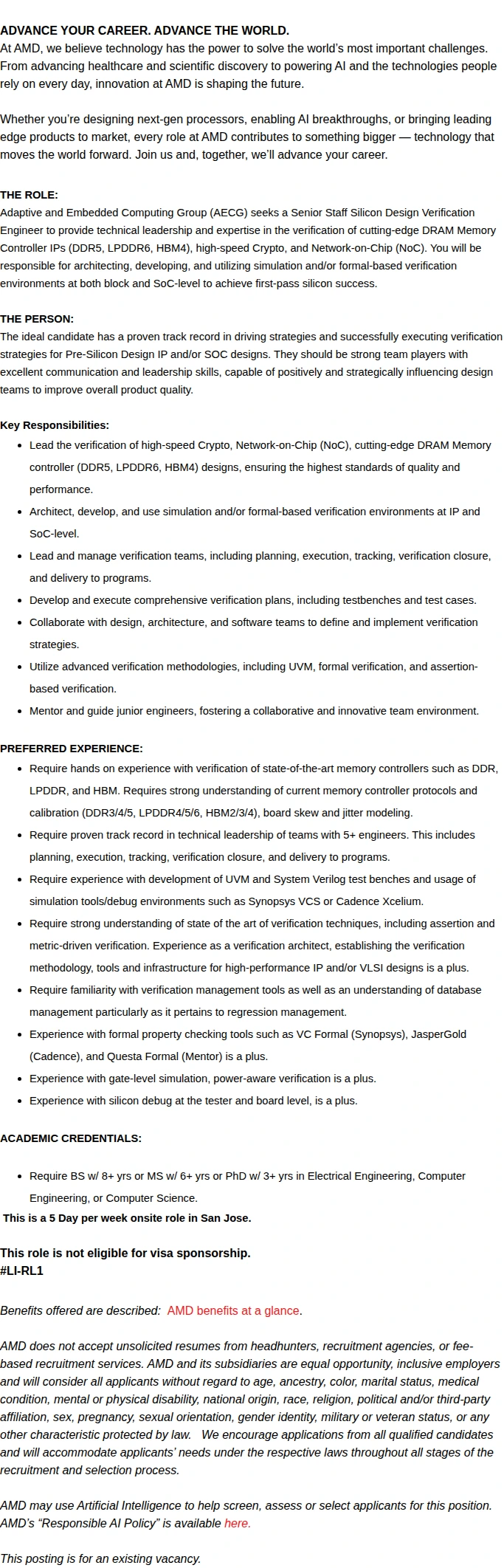 AMD Lead Design Verification Engineer-Memory Controller 채용공고