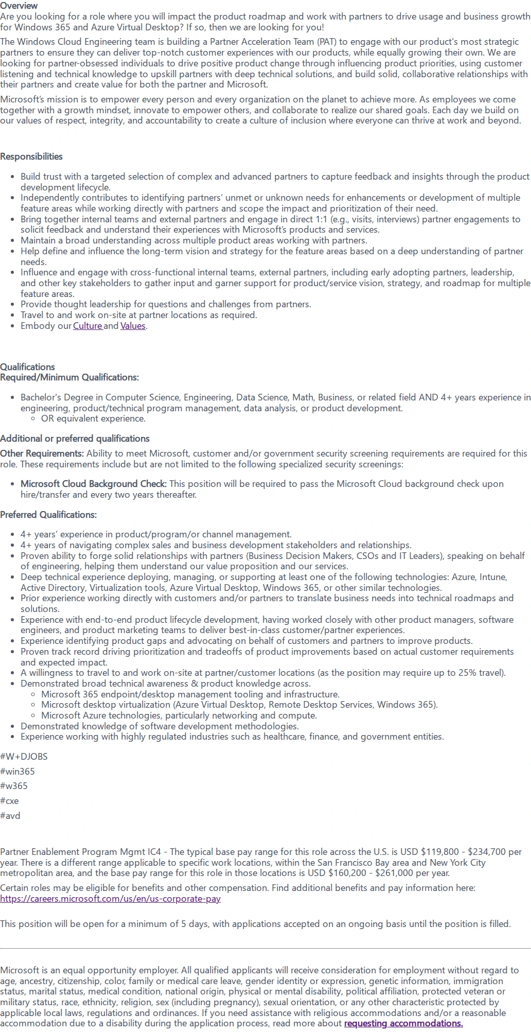 마이크로소프트(Microsoft) Senior Program Manager - Windows Cloud 채용공고