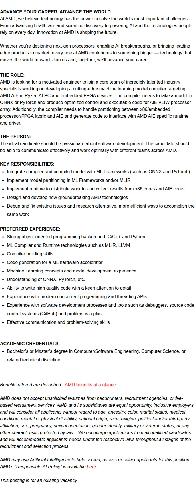 AMD AIE Sr. Software Development Compiler Engineer 채용공고