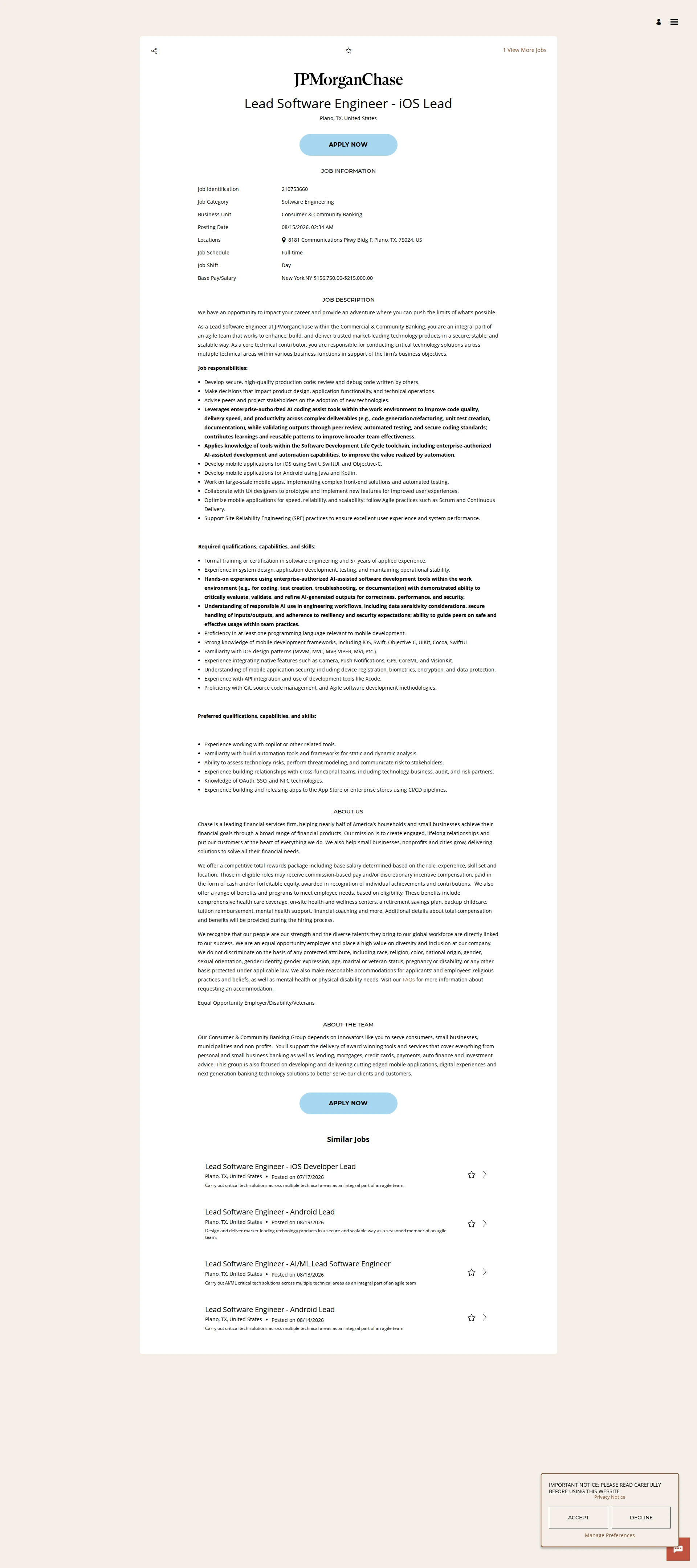 JPMorganChase Lead Software Engineer - iOS Lead 채용공고