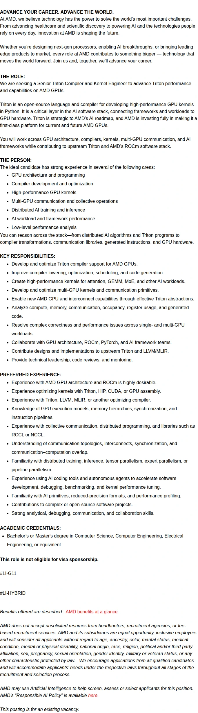 AMD Triton Compiler and Kernel Software Engineer 채용공고