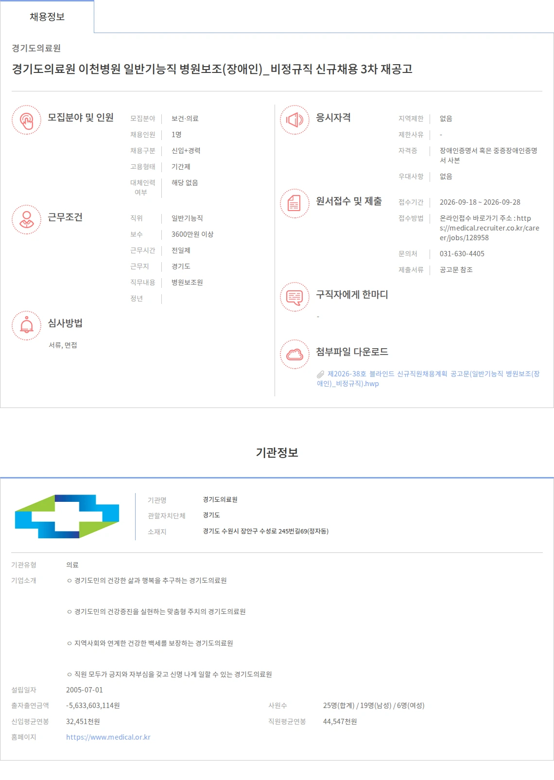 경기도의료원 경기도의료원 이천병원 일반기능직 병원보조(장애인)_비정규직 신규채용 3차 재공고 채용공고