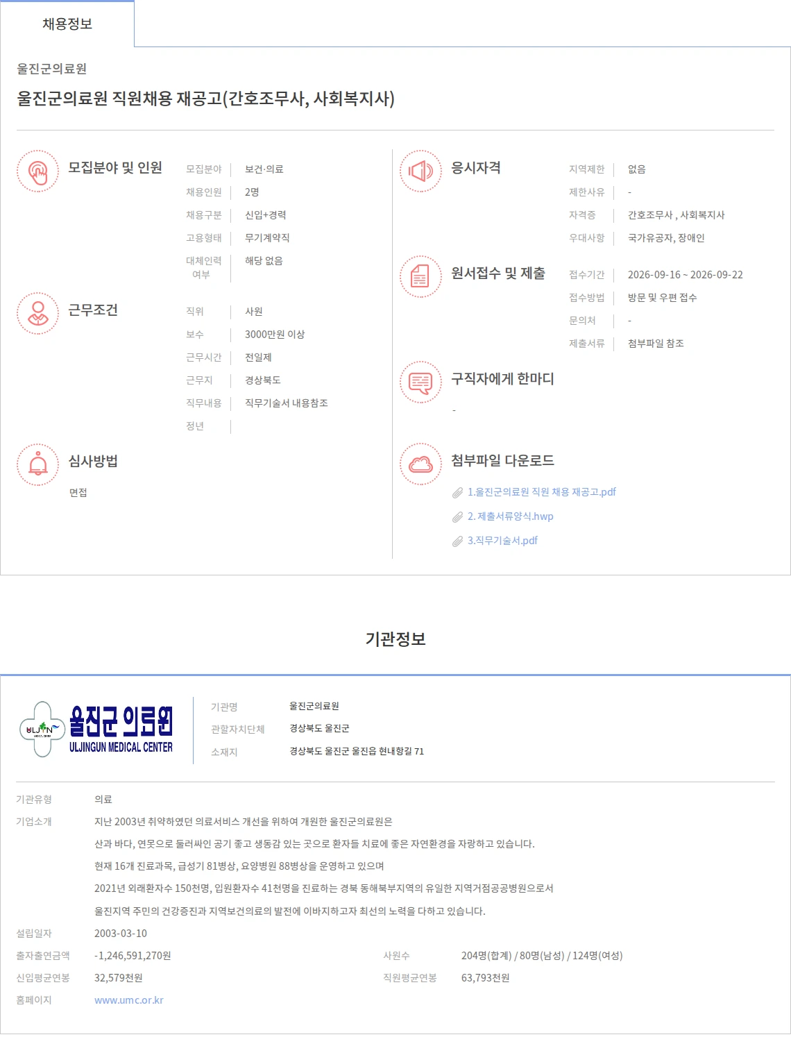 울진군의료원 울진군의료원 직원채용 재공고(간호조무사, 사회복지사) 채용공고