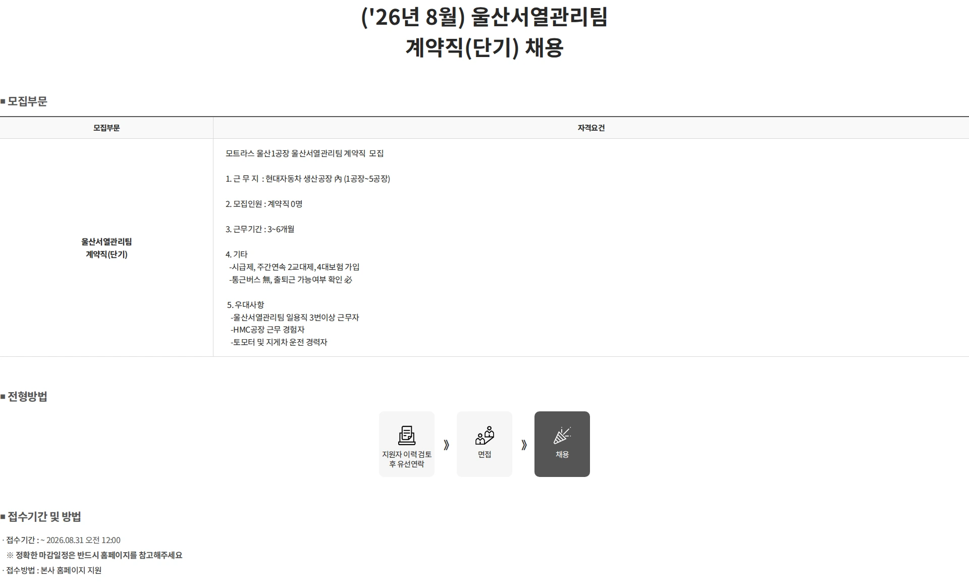 모트라스 ('26년 8월) 울산서열관리팀 계약직(단기) 채용 채용공고