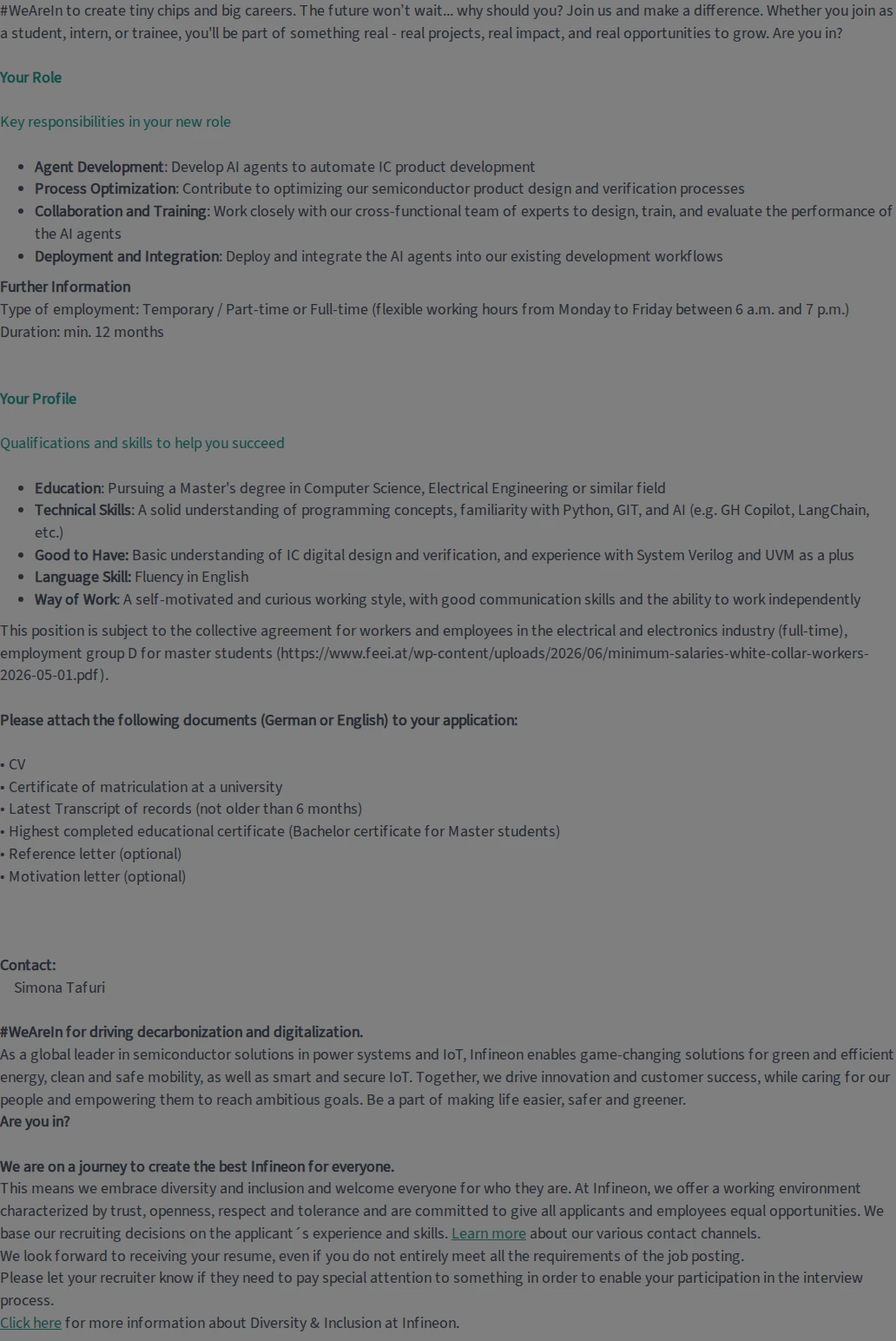 인피니언테크놀로지스코리아 Internship - AI Agent Developer (f/m/div) 채용공고