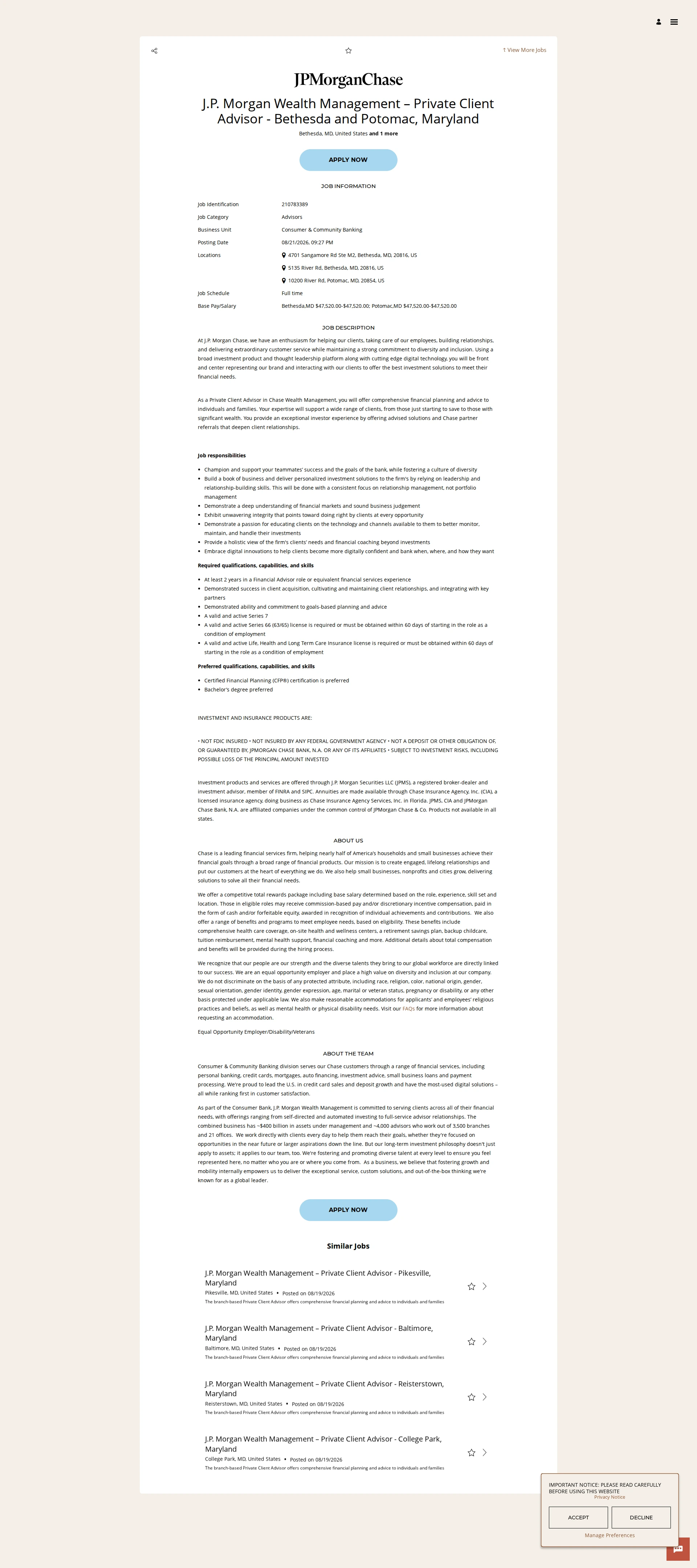 JPMorganChase J.P. Morgan Wealth Management – Private Client Advisor - Bethesda and Potomac, Maryland 채용공고