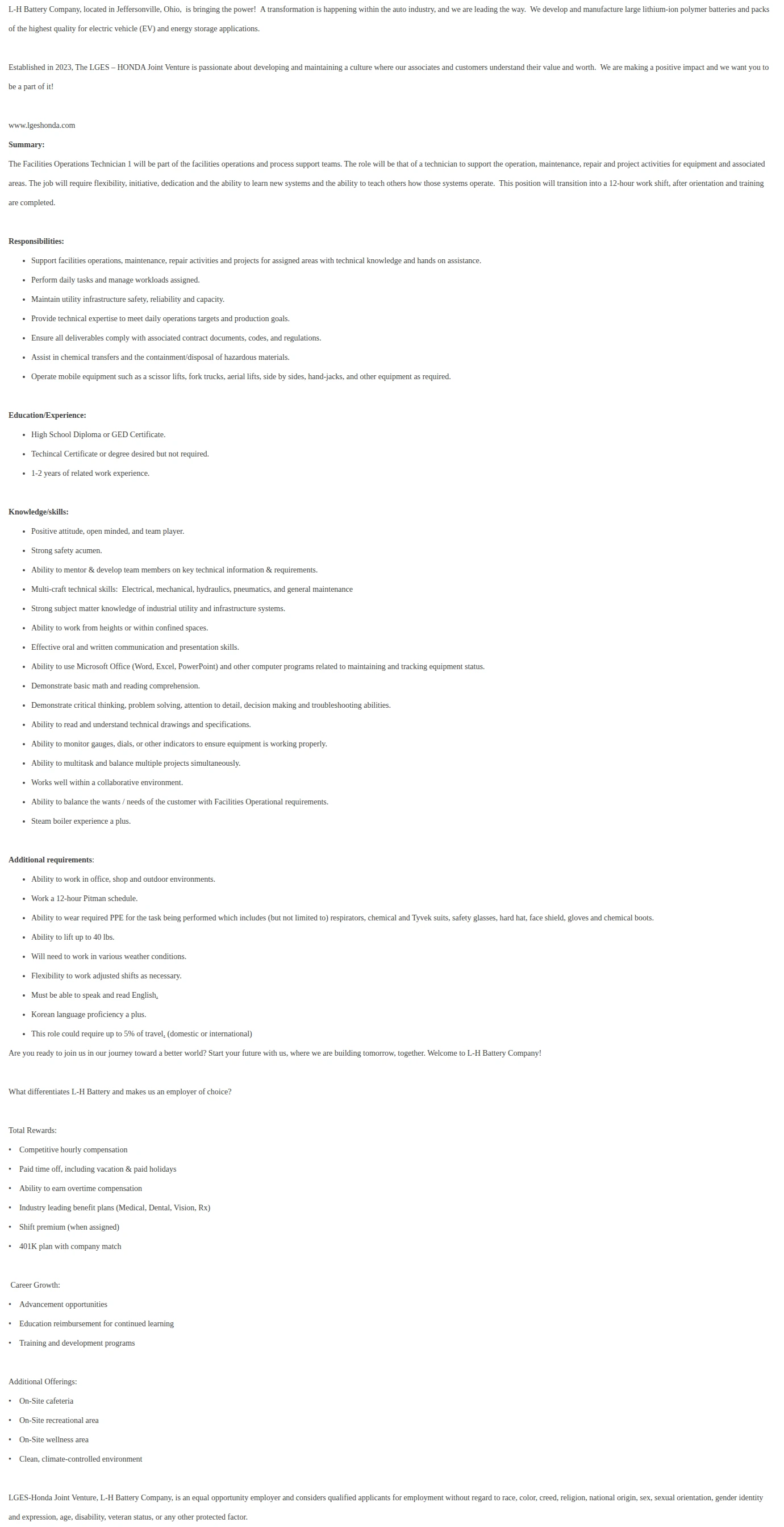 LG전자 Facilities Operations Technician 1 채용공고