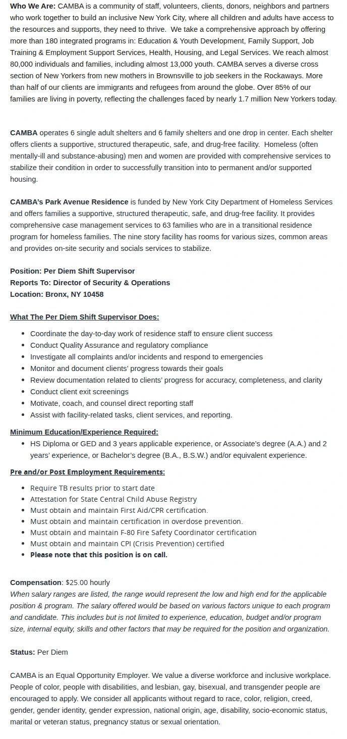 CAMBA Per-Diem Shift Supervisor, Park Avenue Residence 채용공고