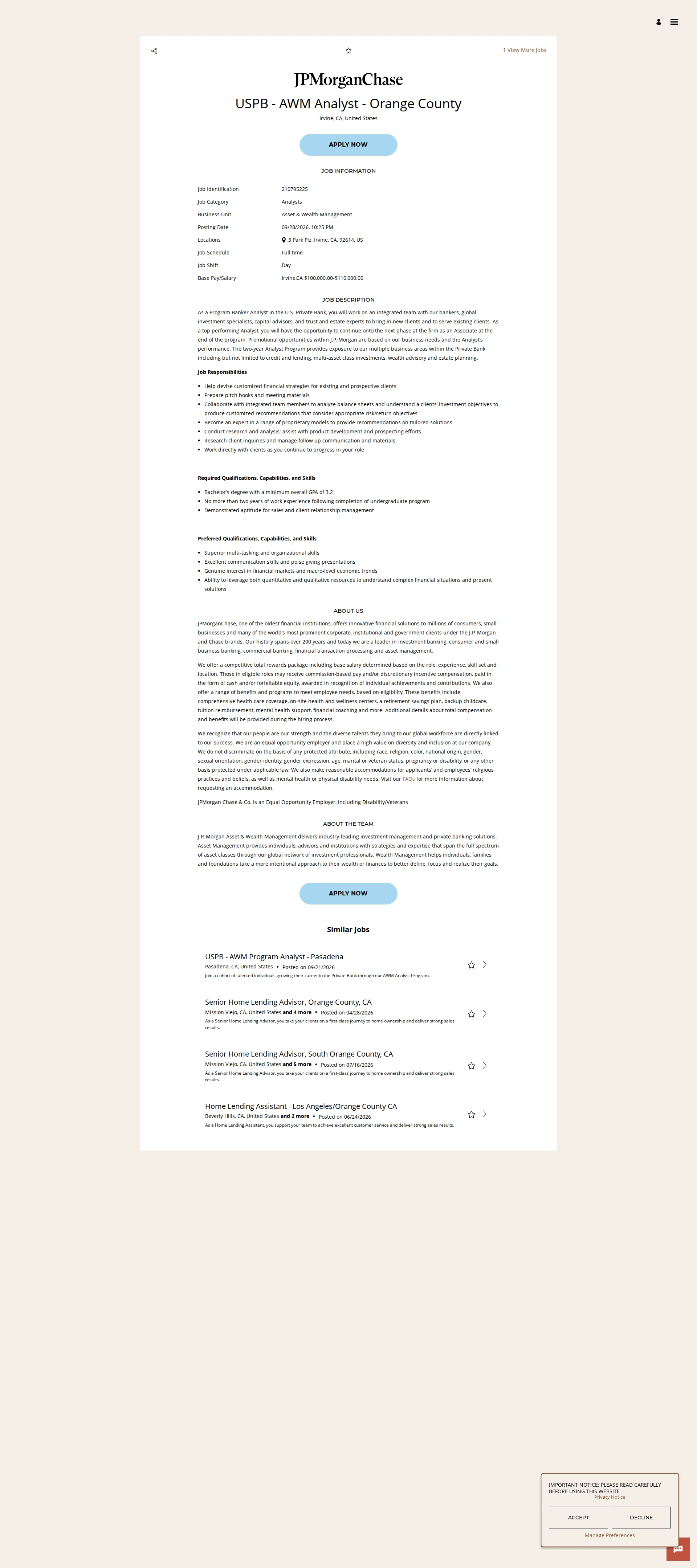 JPMorganChase USPB - AWM Analyst - Orange County 채용공고
