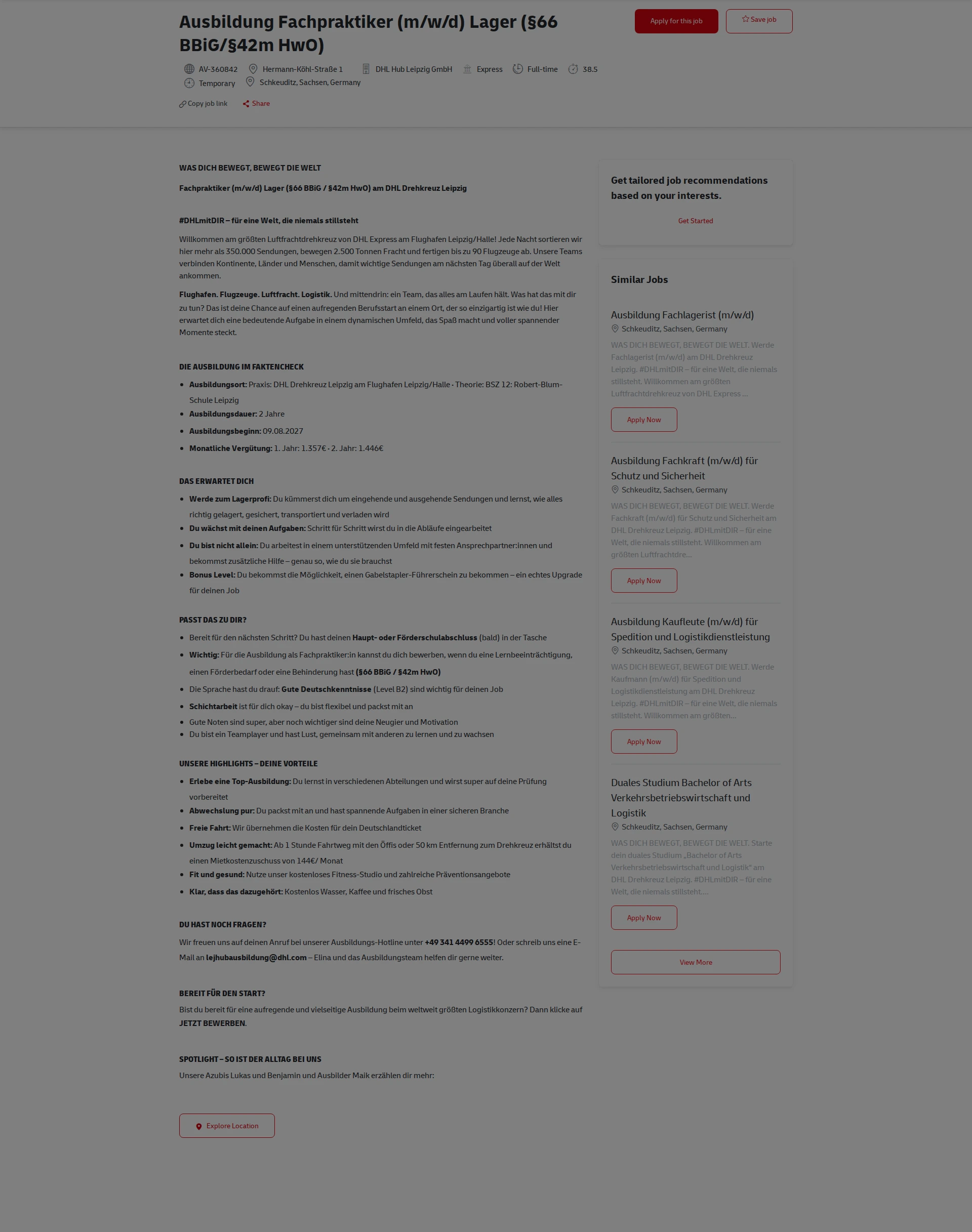 DHL Ausbildung Fachpraktiker (m/w/d) Lager (§66 BBiG/§42m HwO) 채용공고