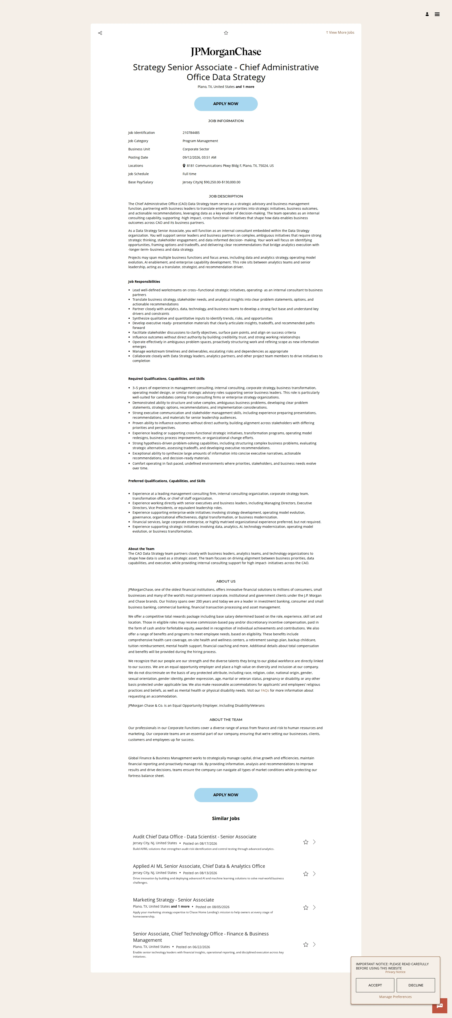 JPMorganChase Strategy Senior Associate - Chief Administrative Office Data Strategy 채용공고