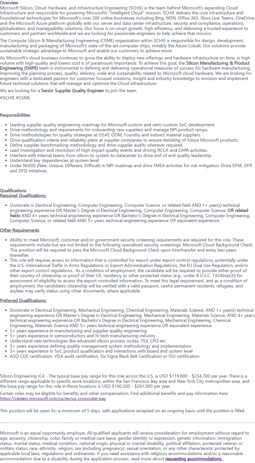 마이크로소프트(Microsoft) Senior Supplier Quality Engineer 채용공고